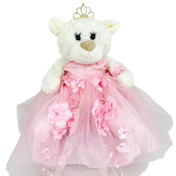 15 Colors, 24 in White Teddy Bear Centerpiece with Floral Tulle Dress, Crown Tiara and Matching Corsage for Quinceañera, Mis 15 Años, Special Occasion