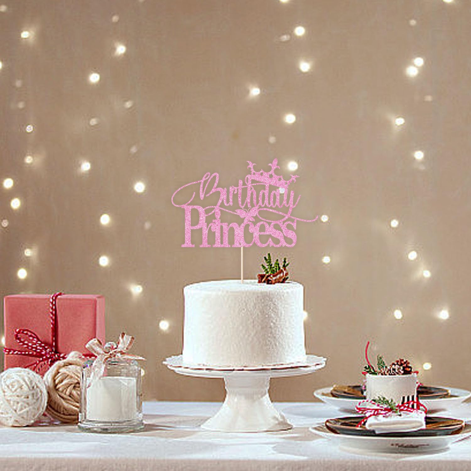 Dcokska Birthday Princess Cake Topper, Pink, Glitter Crown-