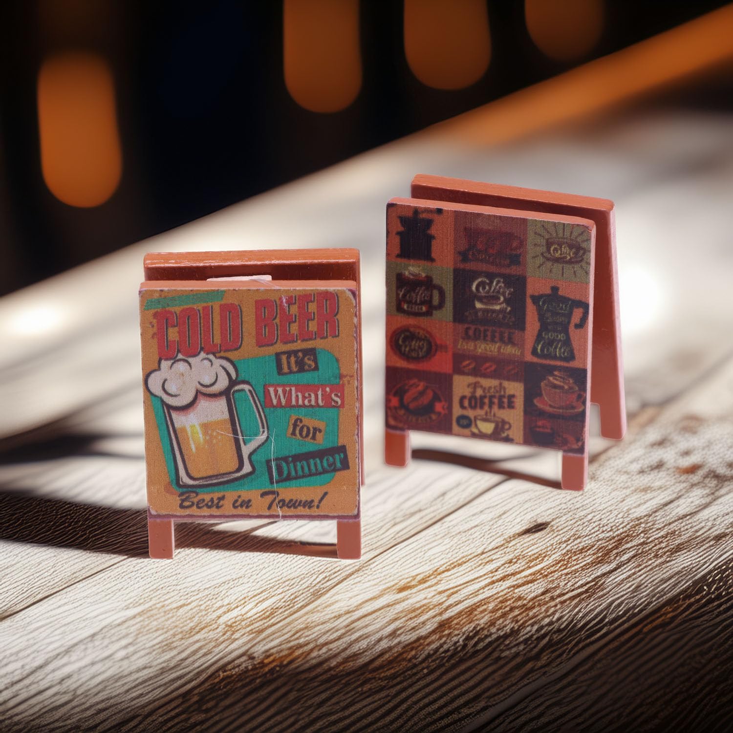 Set of 2 Miniature A-Frame Signs, Double-Sided Coffee & Beer Wood Signboards for 1:12 Scale Dollhouse, Retro Cafe Bar Decor Accessories for Adult