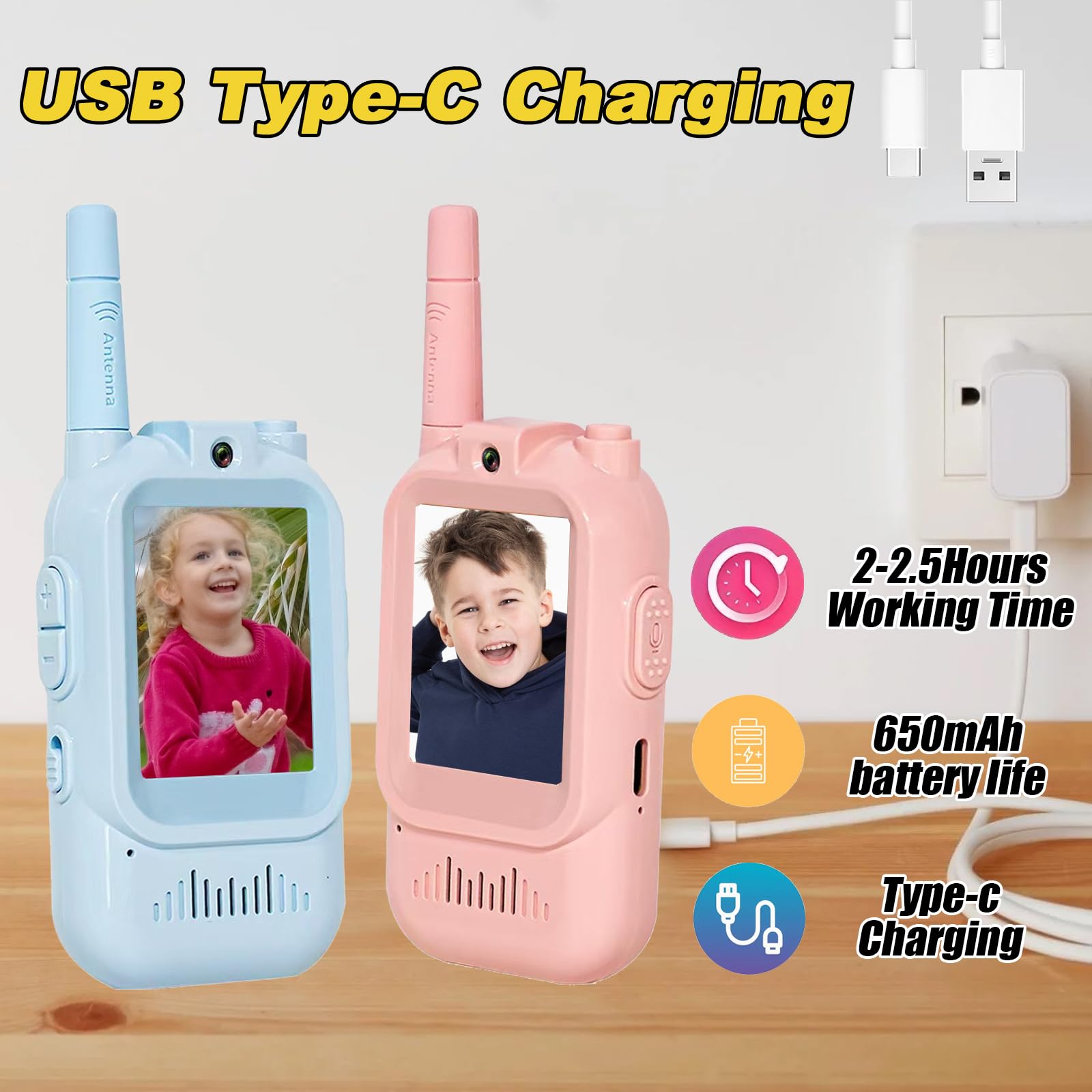 Video Walkie Talkies for Kids Pack of 2, Long Range 2 inch Screen Rechargeable Video Chat Intercom, Indoor Outdoor Voice Effects Toys for Family