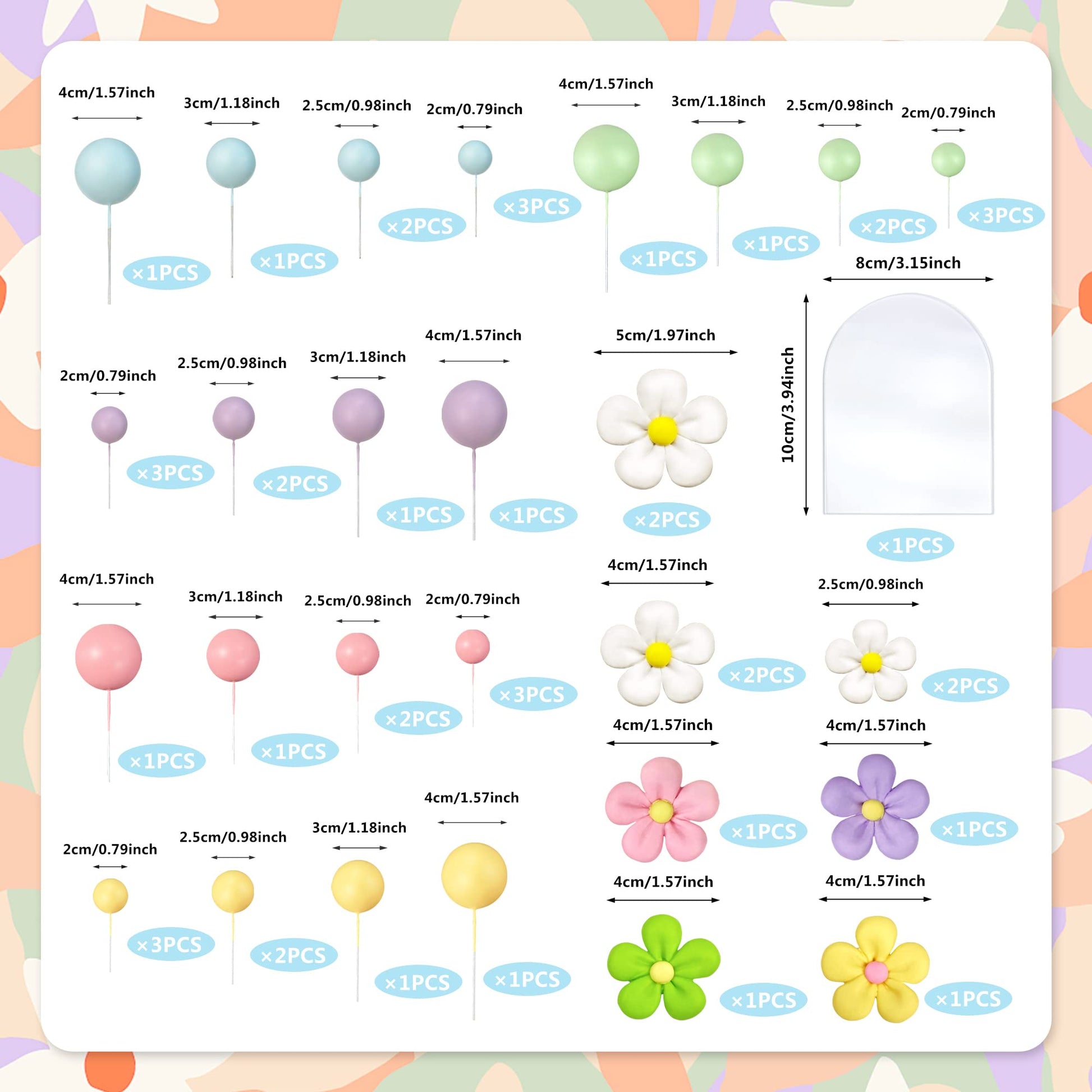 46 PCS Boho Groovy Cake Topper Mini Balls Acrylic Retro Hippie Daisy Flower Cake Topper for Wedding Party Supplies (Colorful)