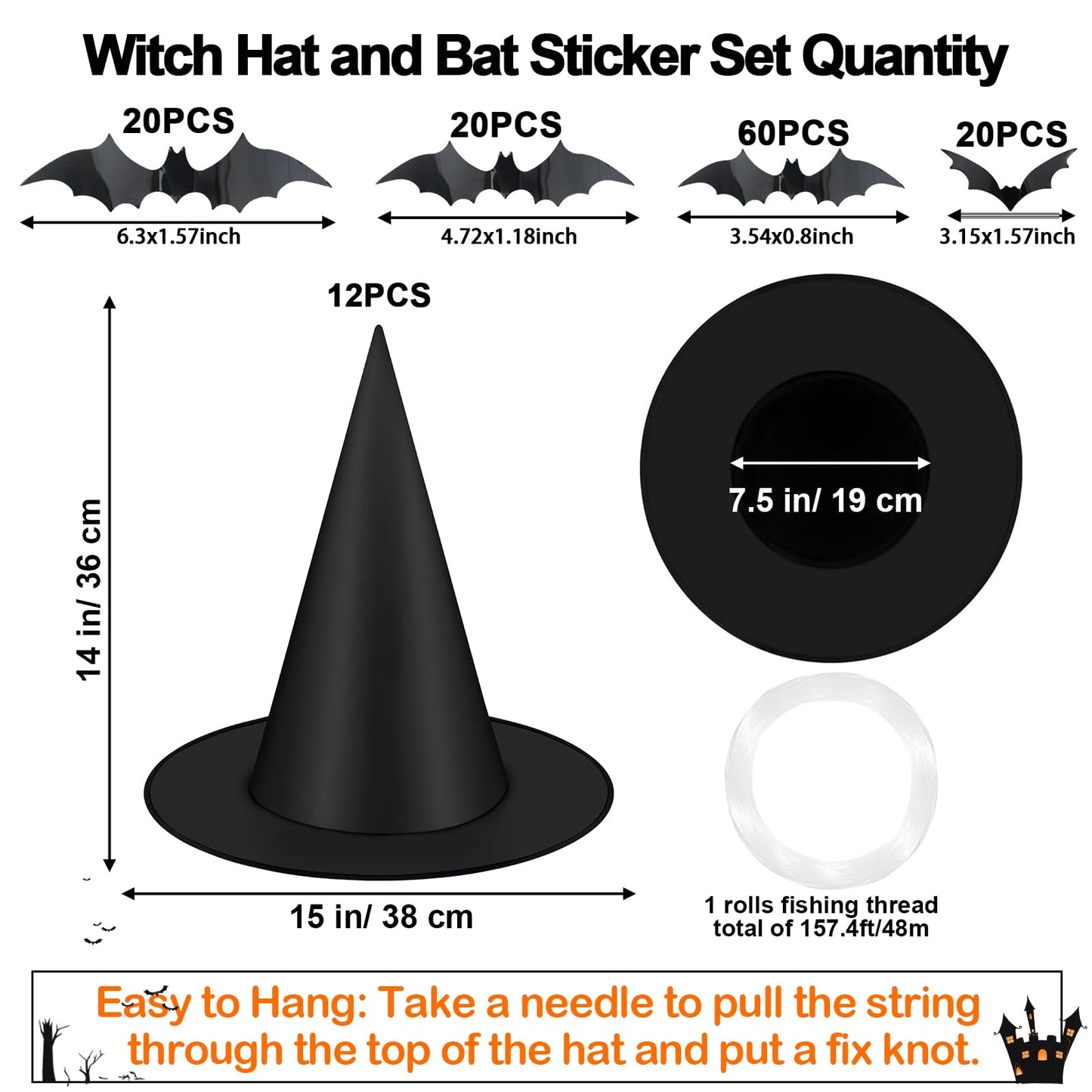 Famoby 12pcs Halloween Black Witch Hat with 157 FT Nylon Cord &120pcs Bat Sticker for Indoor Outdoor Home Yard Porch Ceiling Halloween Party