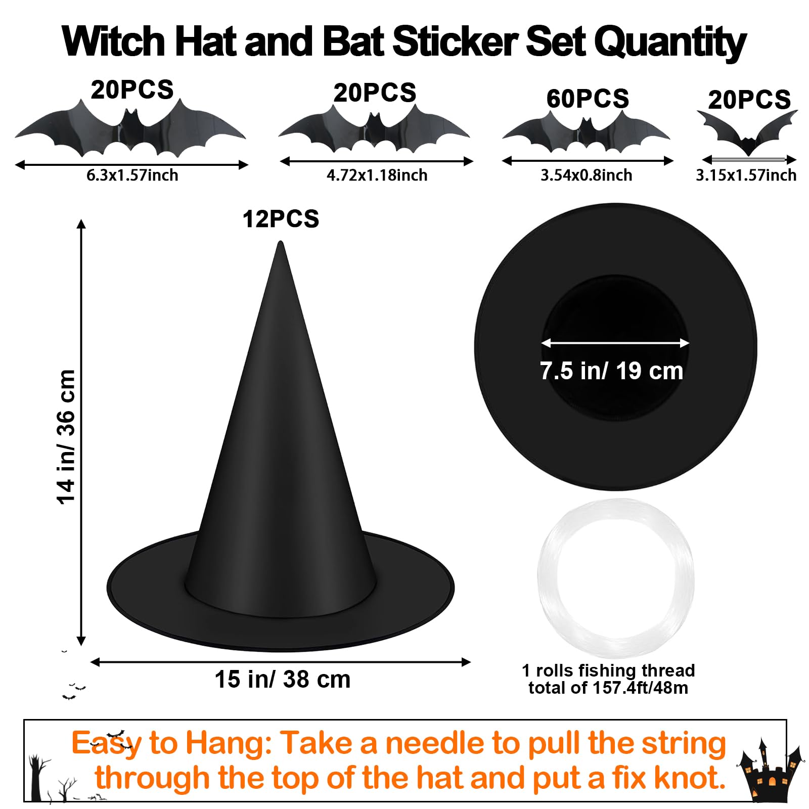 Famoby 12pcs Halloween Black Witch Hat with 157 FT Nylon Cord &120pcs Bat Sticker for Indoor Outdoor Home Yard Porch Ceiling Halloween Party