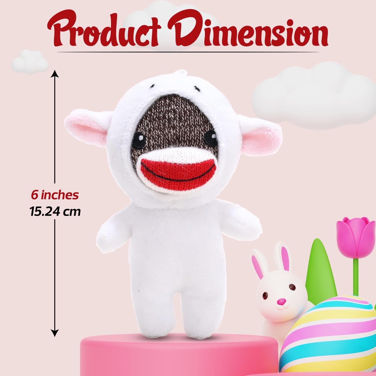 Made By Aliens Adorable 6 inch Easter Sock Monkey Plush Toy Sheep Costume - Soft Stuffed Animal for Kids & Collectors for Birthdays, Holidays, Springs