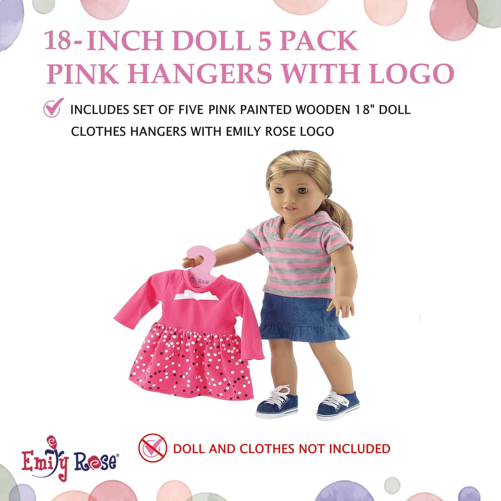 Emily Rose 18 Inch Doll Clothes Hangers 5-Pack Pink Wooden | Closet Organizer Compatible with American Girl and Our Generation Doll Clothing | 18”
