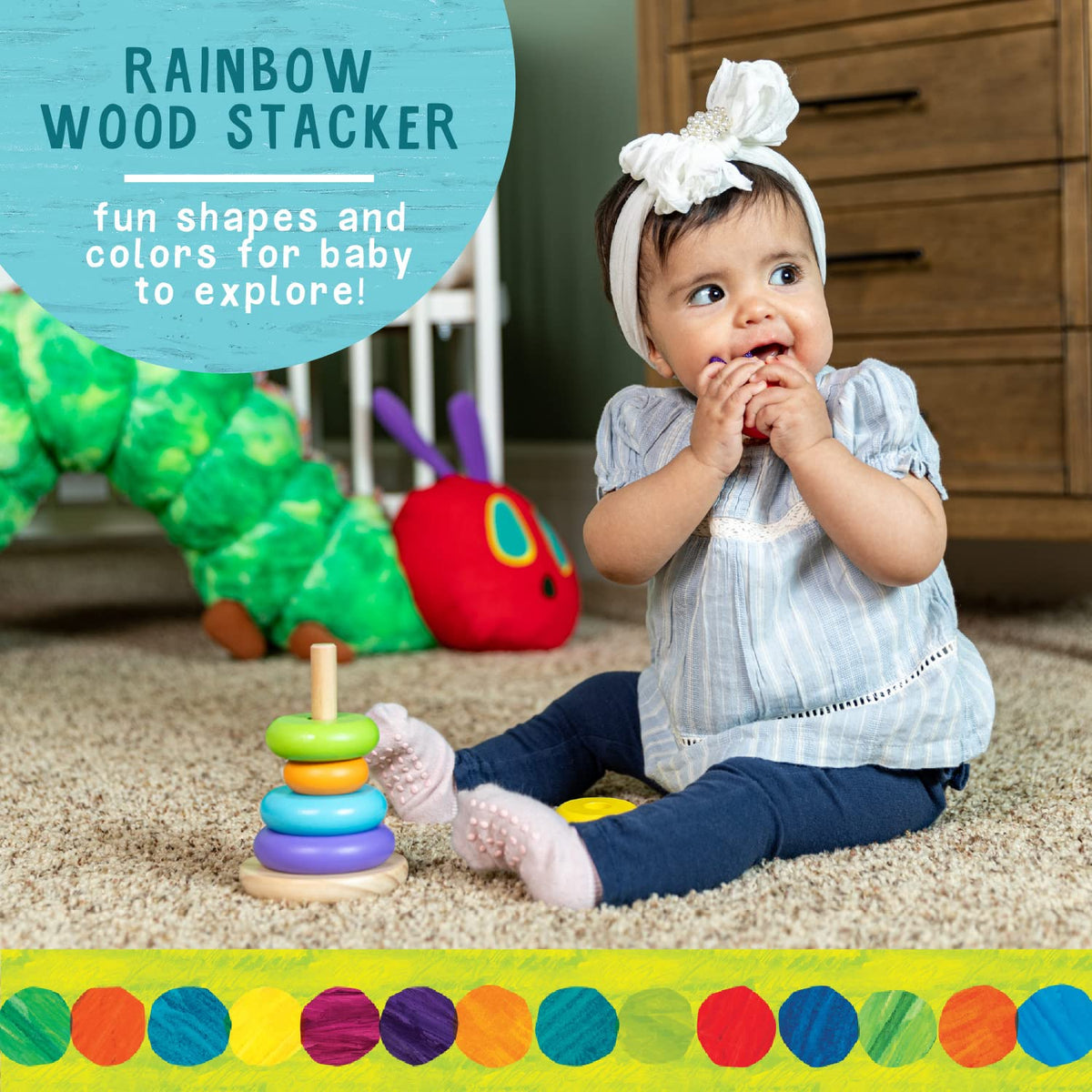 World of Eric Carle, The Very Hungry Caterpillar Wooden Stacker with Colorful Rainbow Rings, 7 Inch Stacking Solid Wood Educational Developmental Toy