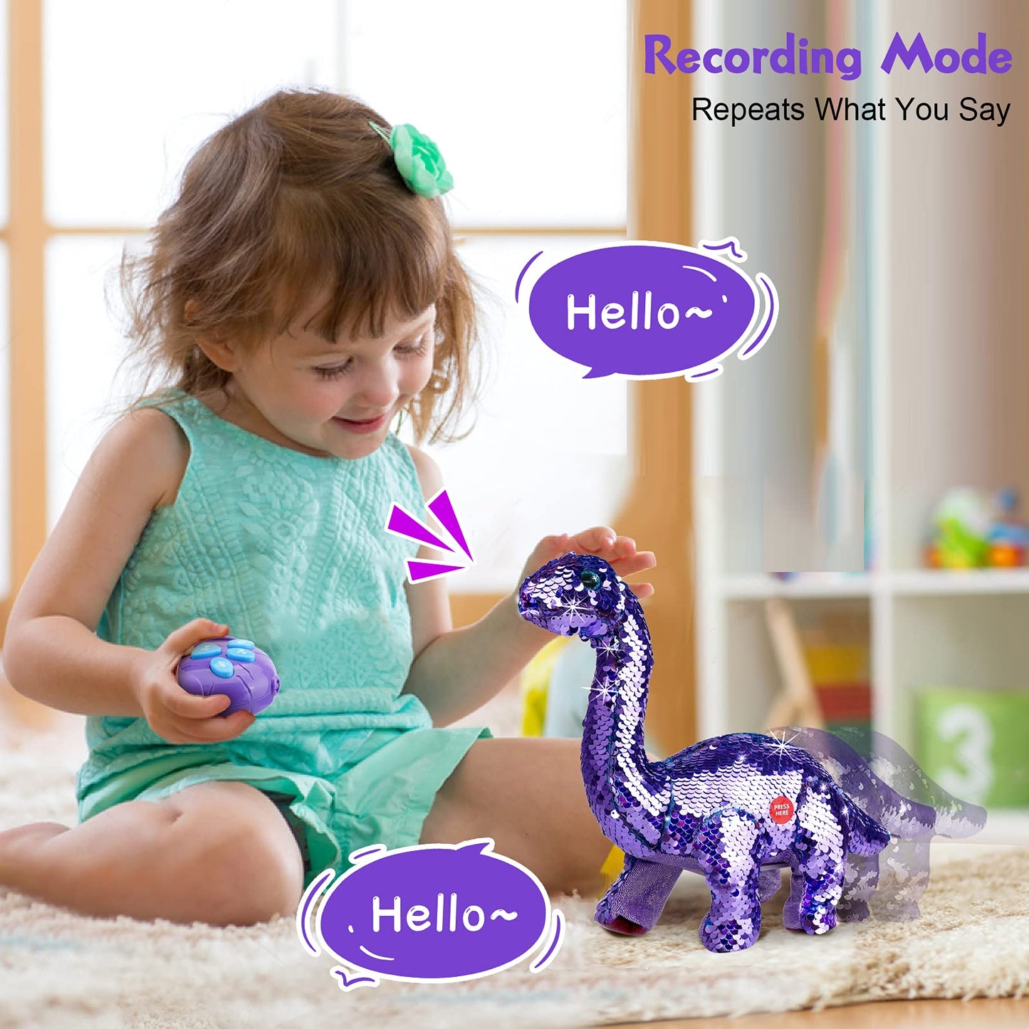 Koonie Dinosaur Toys for Girls, 2 Year Old Girl Toys, Purple Dinosaur Remote Control Reversible Sequins Dinosaur Toy Can Repeat Walk Roar Sing