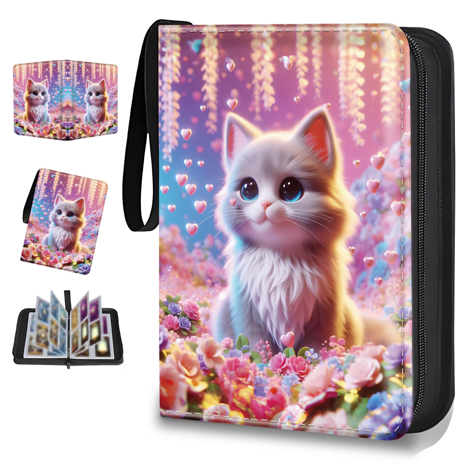 Card Binder 4 Pockets Zip Trading Card Binder for 400 Cards, PU Collection Binder with Removable Sleeves for 50 Pages, Portable Collector Album, Card