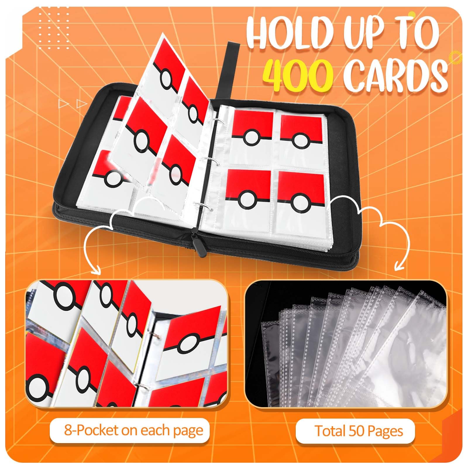 Card Binder 4 Pocket, Trading Card Holder Fits 400 Cards With 50 Removable Sleeves, Portable Collection Card Ablum, Game Card Case book With Zipper