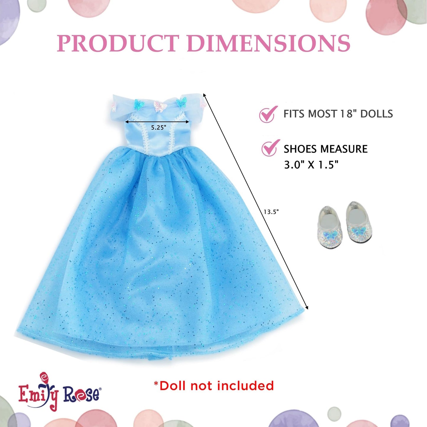 Emily Rose 18 Inch Doll Clothes - 2PC Blue Princess Ball Gown with Glittery Shoes | 18" Doll Costume | Compatible with American Girl and My Life As