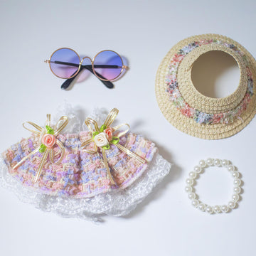 for Labubu Clothes Romantic Style Dresses, for Labubu Outfits with Glasses, Hat, Necklace Bundle for 17cm/6.7in Doll (No Doll)