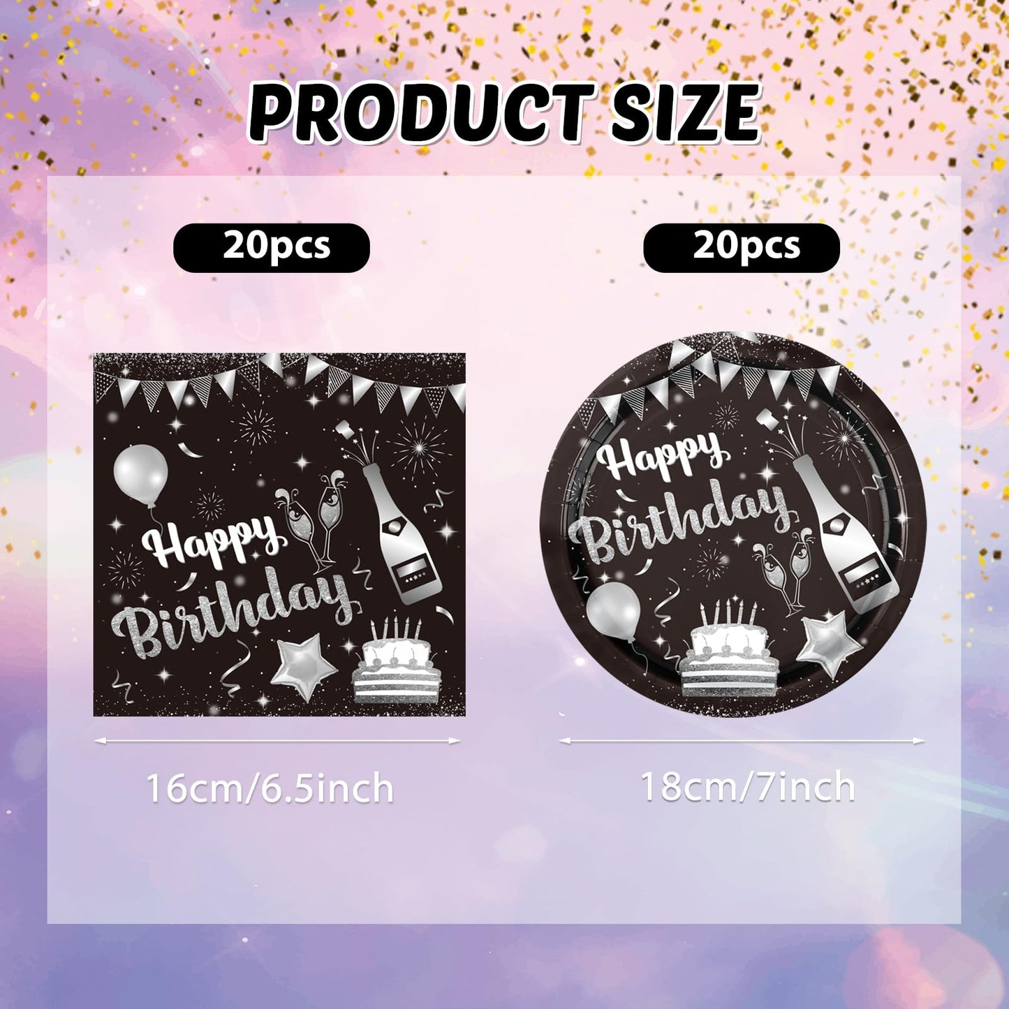 40PCS Birthday Party Decorations Black Silver Happy Birthday Party Disposable Tableware Kit Included Paper Plates and Napkins Set for Men Women