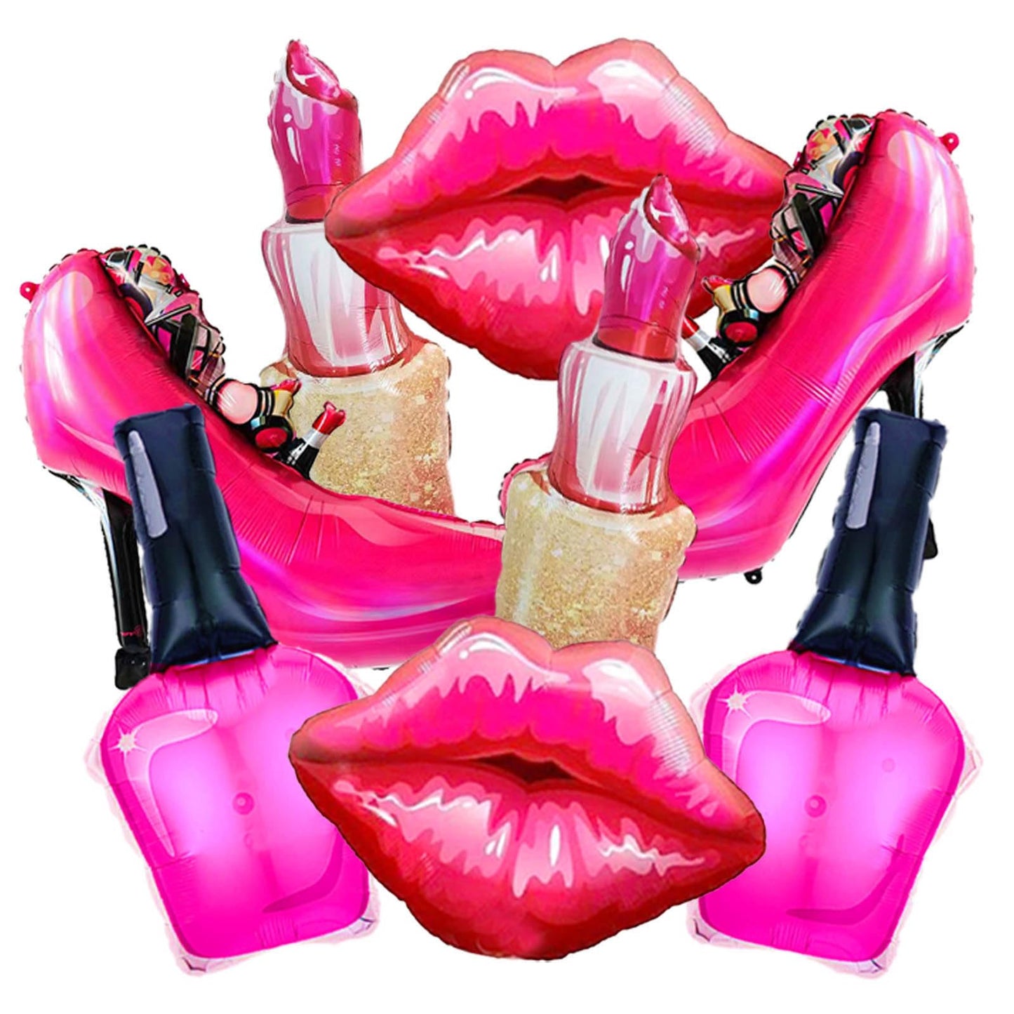8Pcs Hot Pink Balloon Kit Red Lips, Lipstick, High Heels, Nail Polish Balloons Threenager Birthday Decorations Girl, Bachelorette Party, Girls Night
