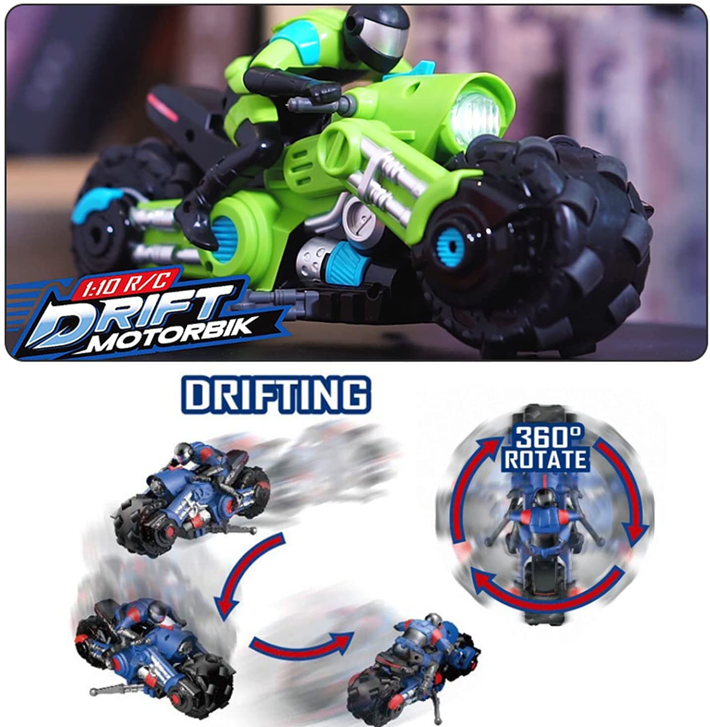 UNIQUE KIDS Remote Control Motorcycles - 360° Spinning Action, High-Speed Racing Motorbike with LED Lights for Boys and Girls Green Color