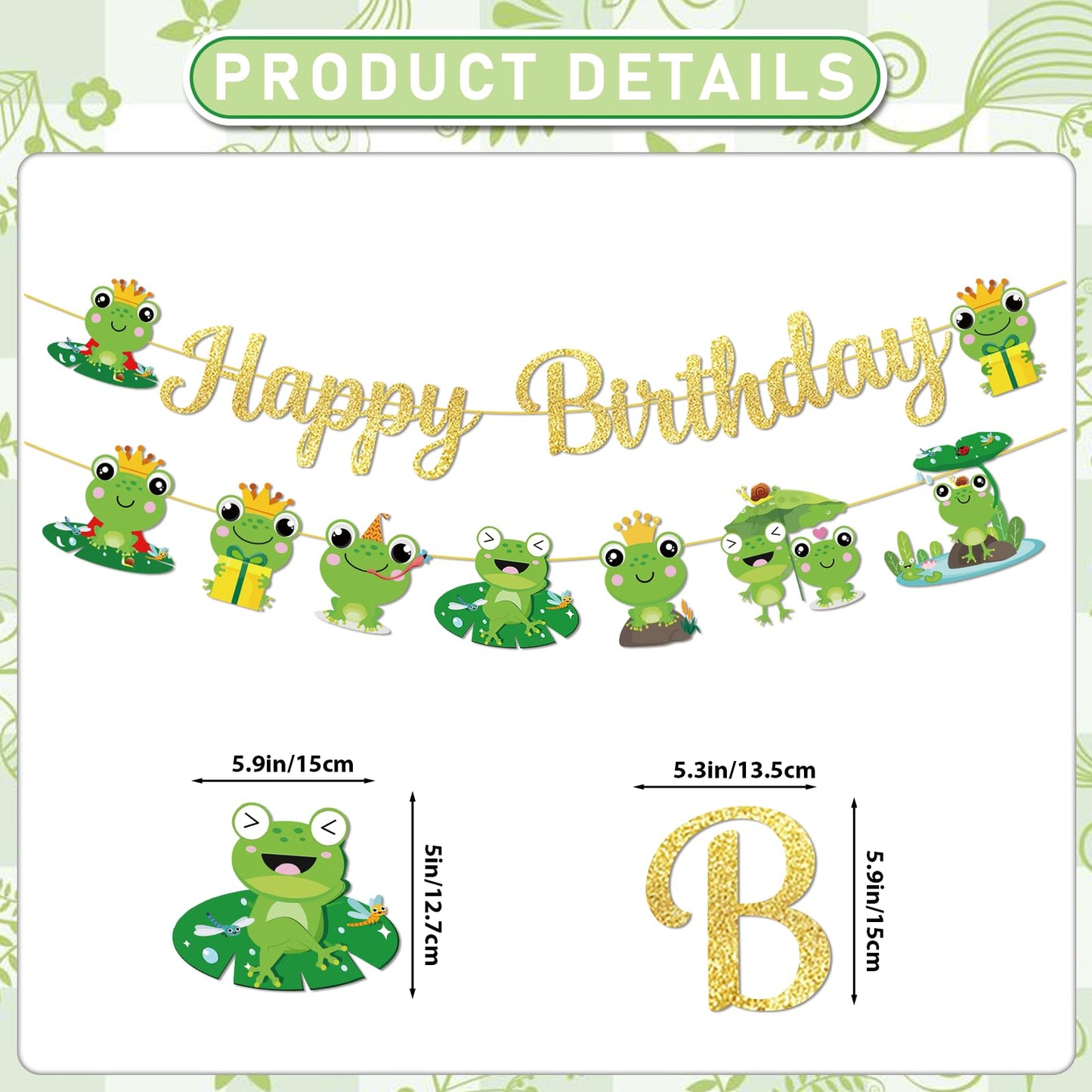 Frog Birthday Banner Gold Glitter with Garland Hanging Swirls, Frog Birthday Party Decorations for Princess Prince Baby Shower Party Decor