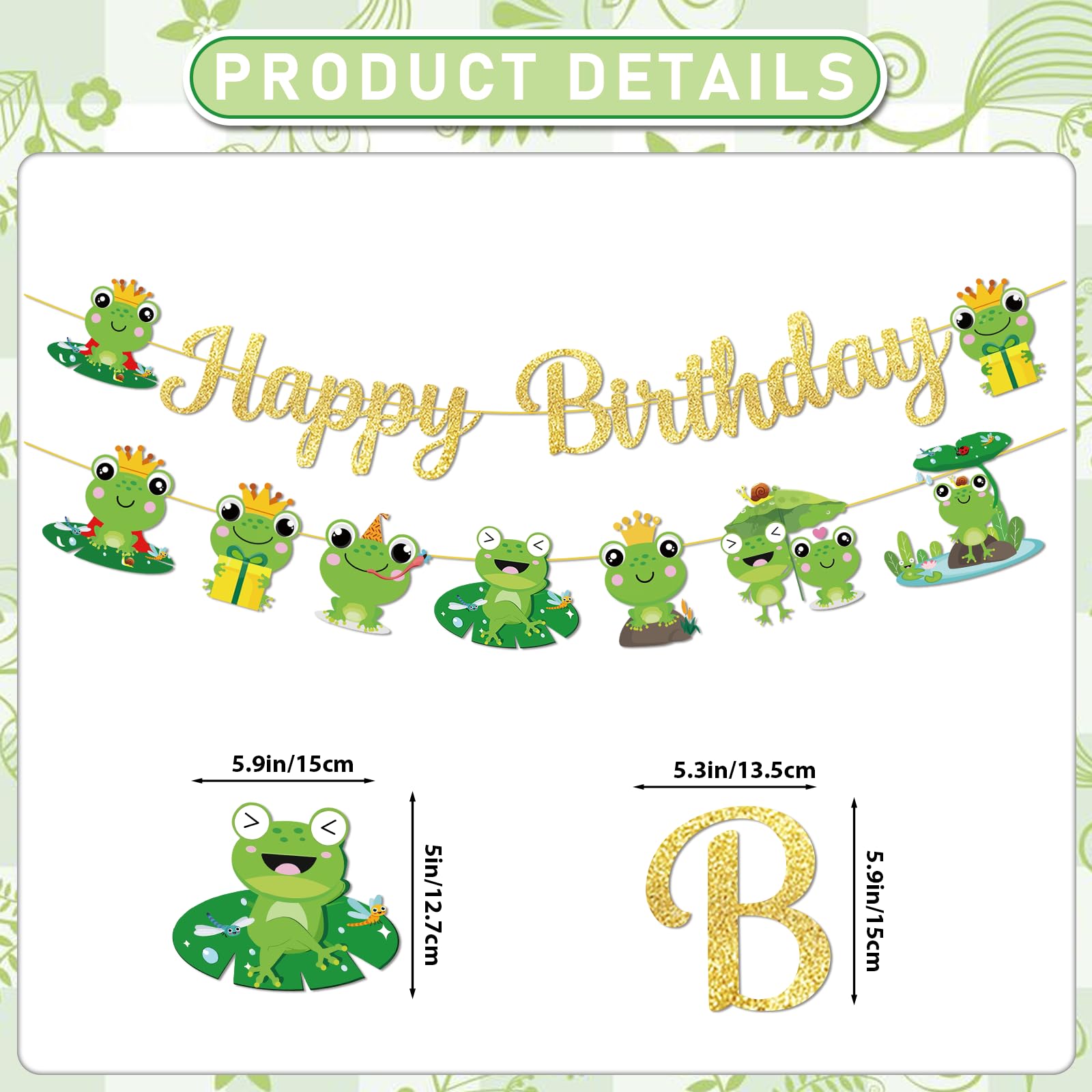 Frog Birthday Banner Gold Glitter with Garland Hanging Swirls, Frog Birthday Party Decorations for Princess Prince Baby Shower Party Decor