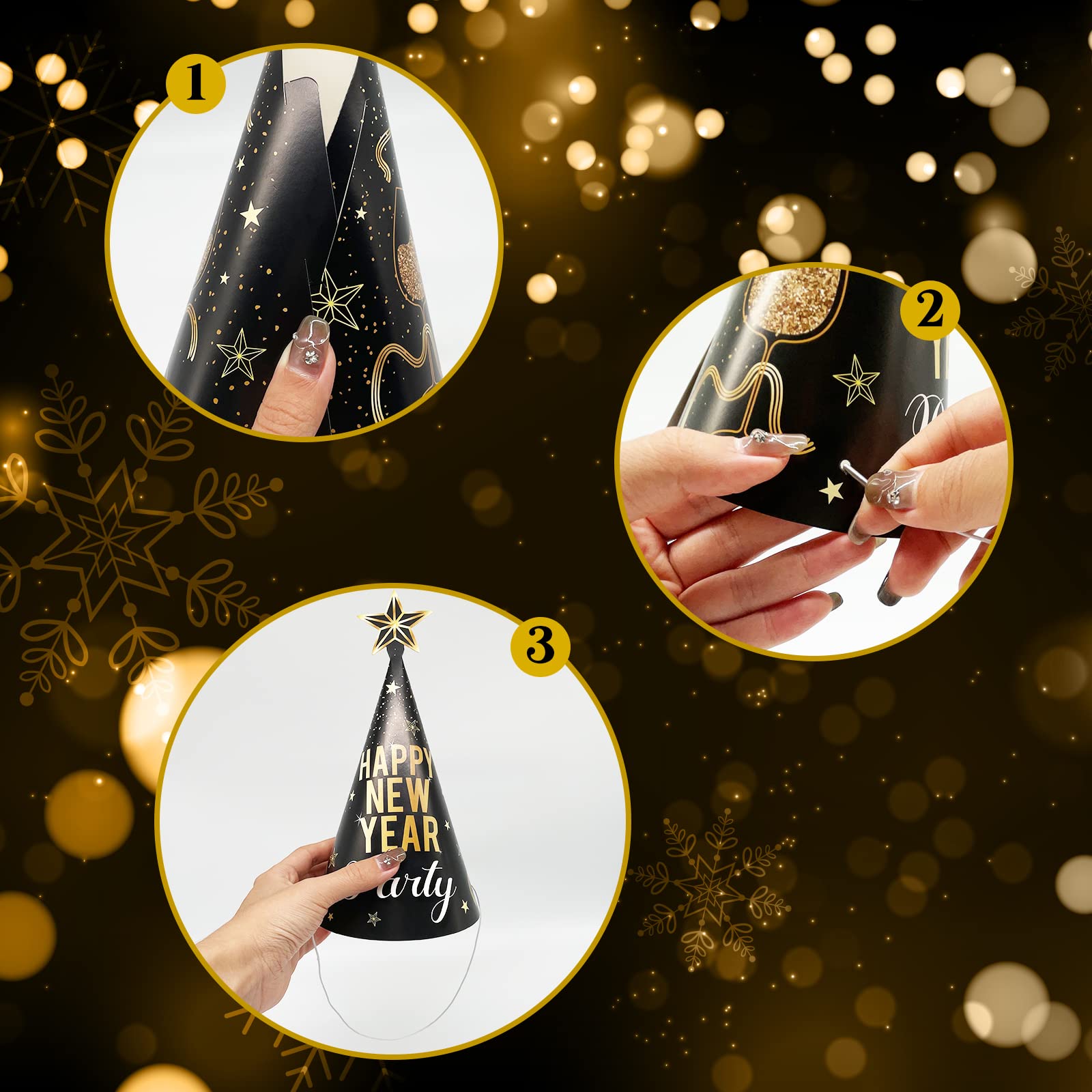 R1chyK1ng 24PCS Happy New Year Party Hats 2026 - New Year’s Eve Paper Cone Hat Party Supplies Decorations