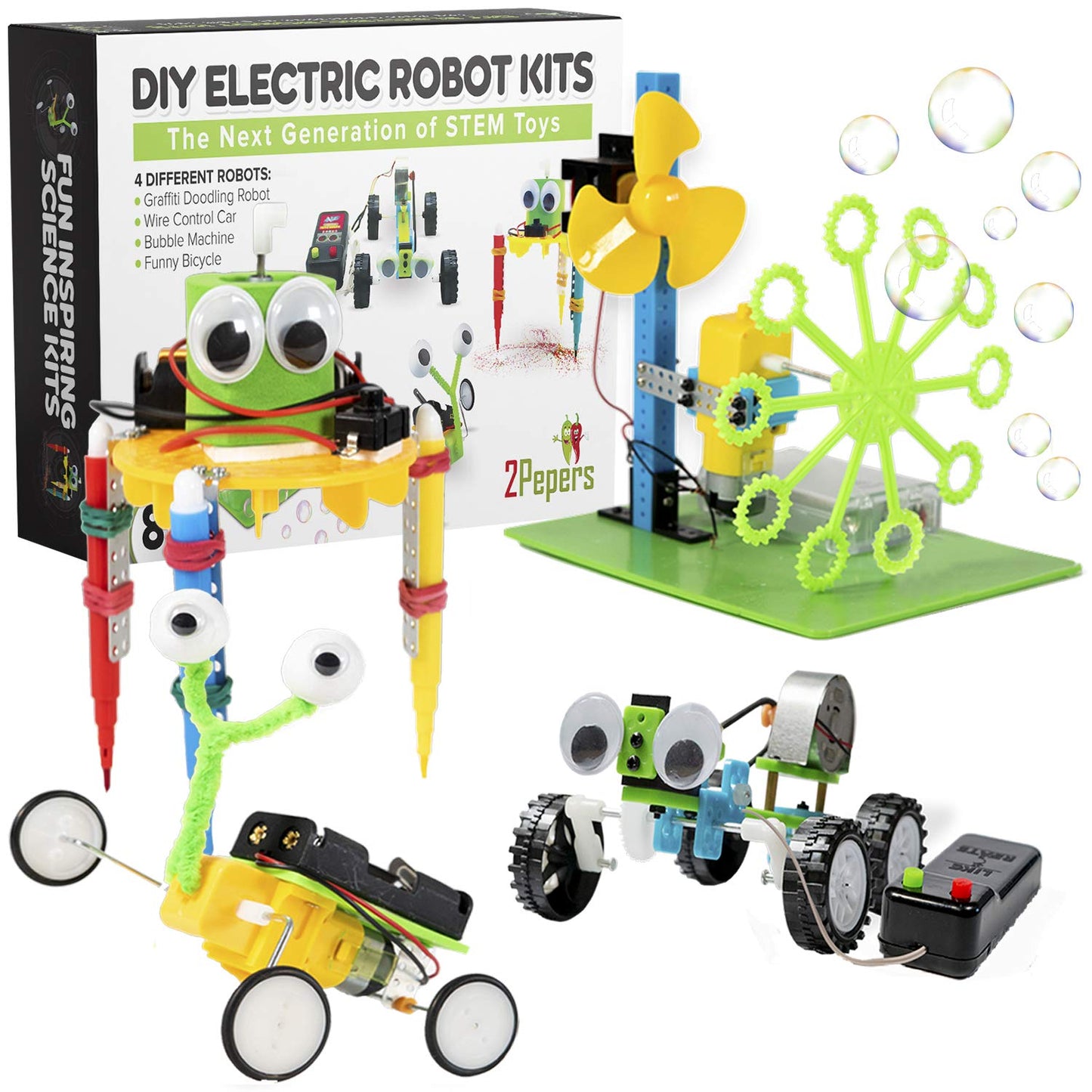 2Pepers Electric Motor Robotic Science Kits for Kids (4-in-1), DIY STEM Toys Kids Science Experiment Kits,Building Educational Robotics Kit for Boys