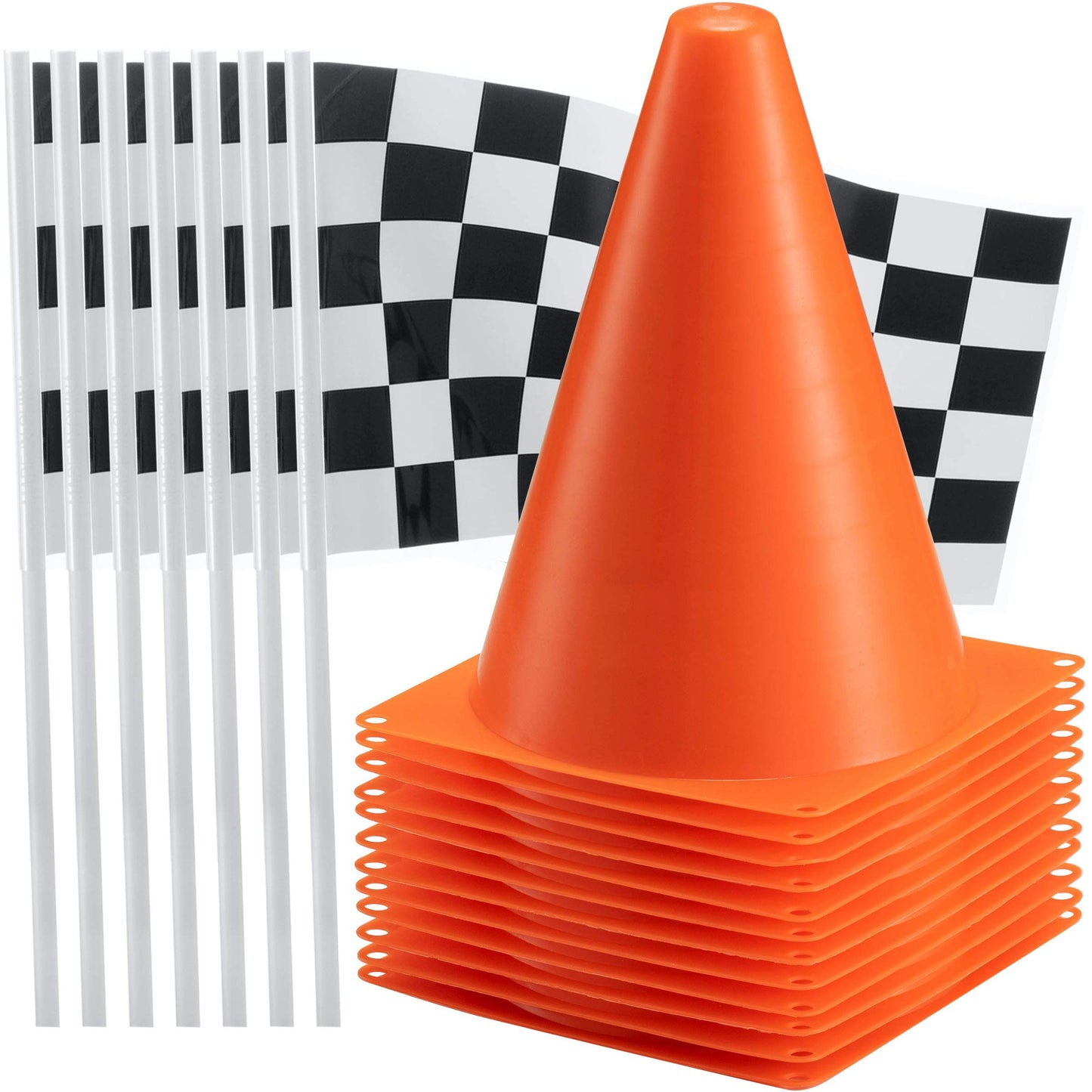 Bedwina Race Car Birthday Party Decorations - (36 Pcs) 12 - 8-Inch Orange Mini Cones for Kids & 24 Black & White Checkered Flags on Sticks - Race Car