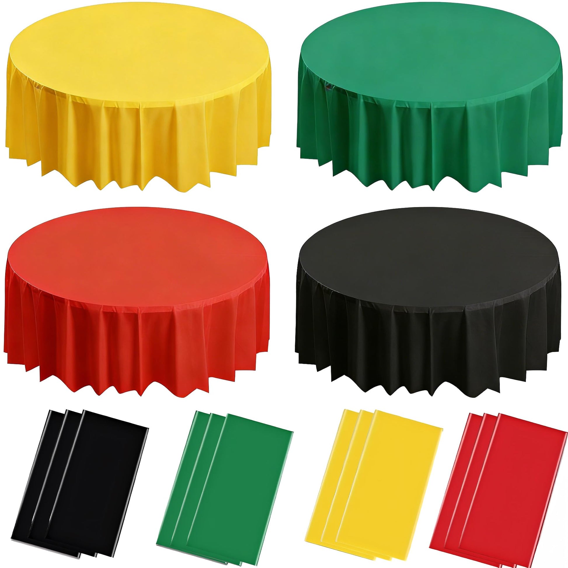 MEILINJIAN 12Pcs Red Green Yellow Black Tablecloth Plastic,Disposable Black History Month Table Cloth Round Table Cover for Party Decoration 84Inch