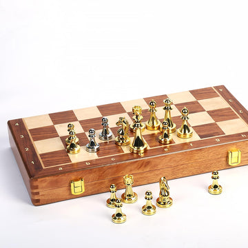 15-Inch Folding Chess Set, Wooden Board with Metal Pieces，Metal Bronze Chess Pieces, Travel Board Game with Extra 2 Queens (Gold and Silver)