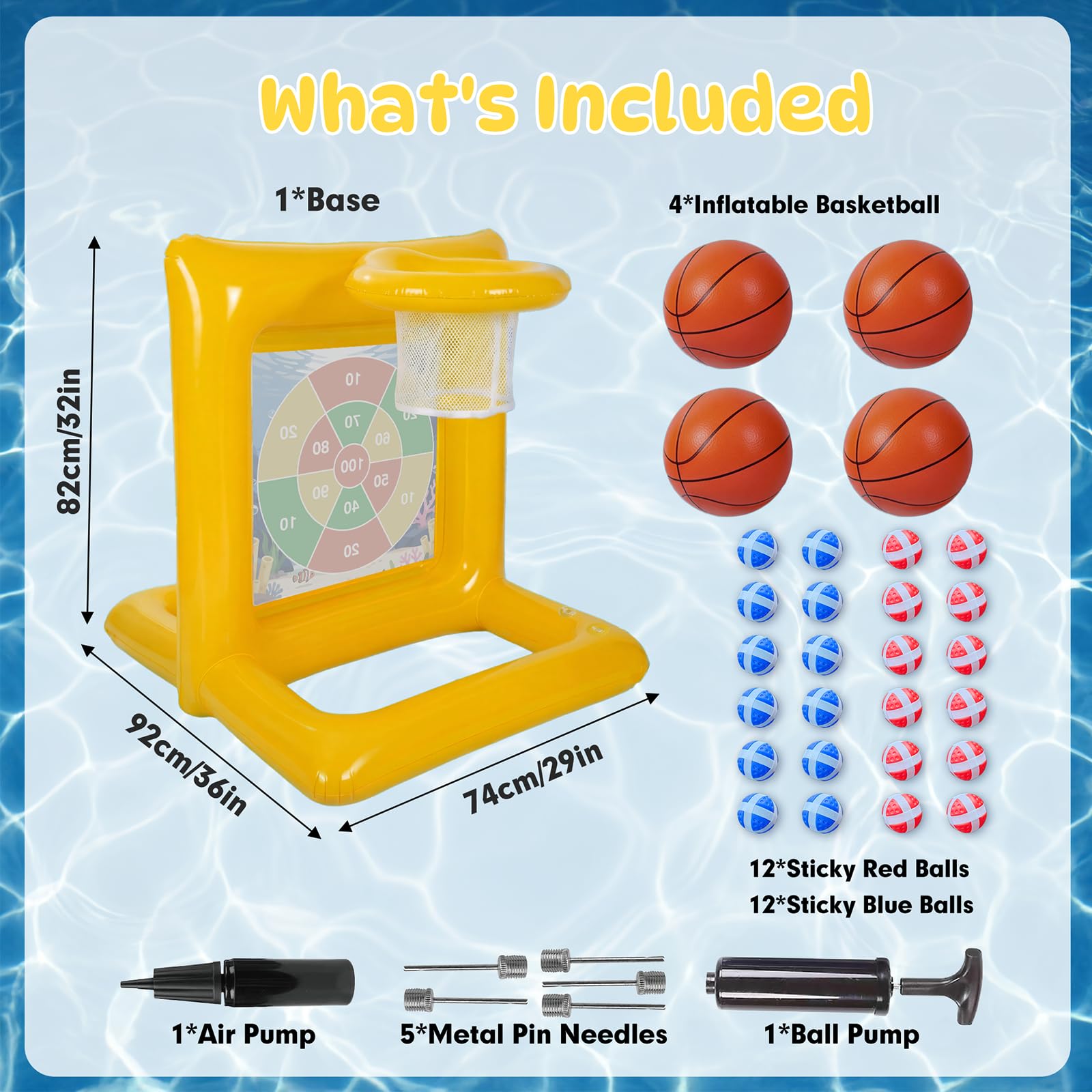 TicTac Shot Pool Toys Games for Kids & Adults, 2-in-1 Pool Basketball Hoop & Dart Target, Family Pool Party Games with Multiple Balls (Yellow)