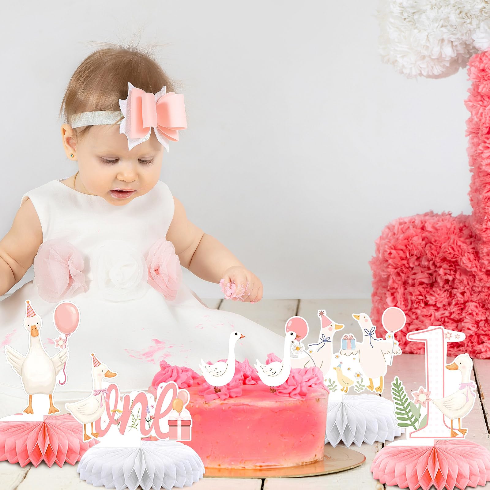 18 Pcs One Silly Goose Birthday Decorations,Silly Goose Birthday Honeycomb Centerpieces Pink Ballerina Birthday Centerpieces Table Decor for 1st