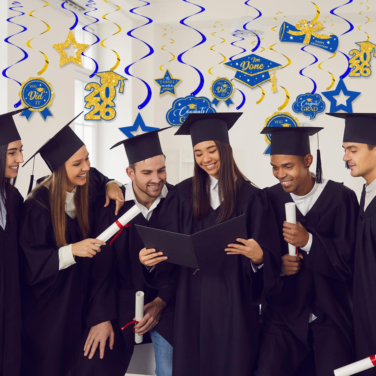 16 PCS Blue and Gold Graduation Decorations Class of 2026, Graduation Hanging Swirls Blue and Gold Congrats Grad Hanging Swirl for Grad Party Supplies