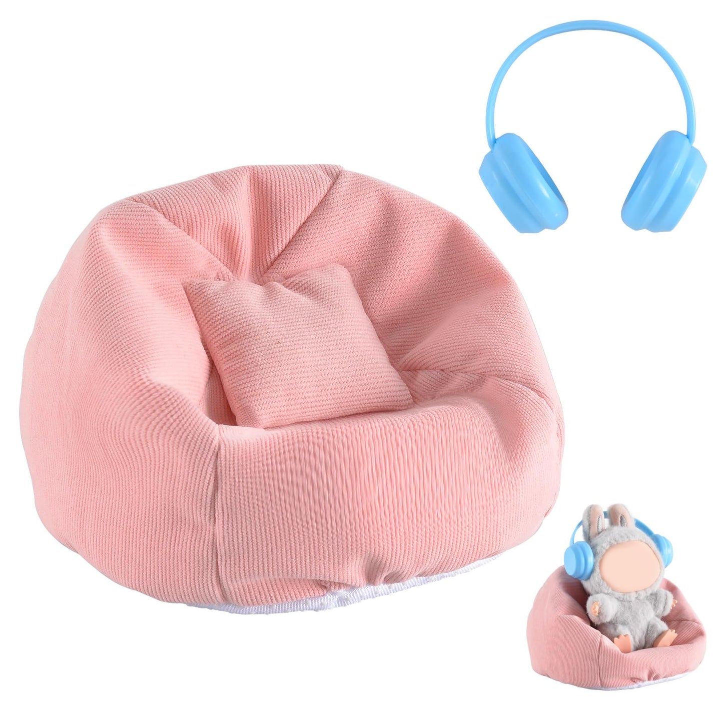 Ciunura Doll Car Seat for LABUBU, Handmade Bean Bag Sofa with Blue Earphone, Anti-Slip Bottom?Cute Dispaly Accessories for 5.9-6.7in Dolls(Pink)