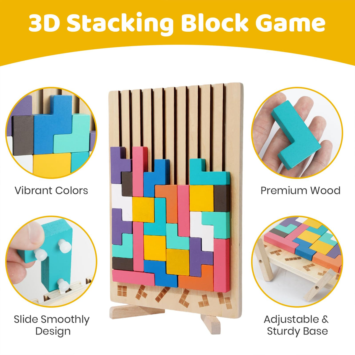 Wooden Stacking Toys 3D Puzzles - Russian Brain Pattern Blocks with Cards & Bag - Montessori Toys for 3-8 Year Old, Color Stack Game Board