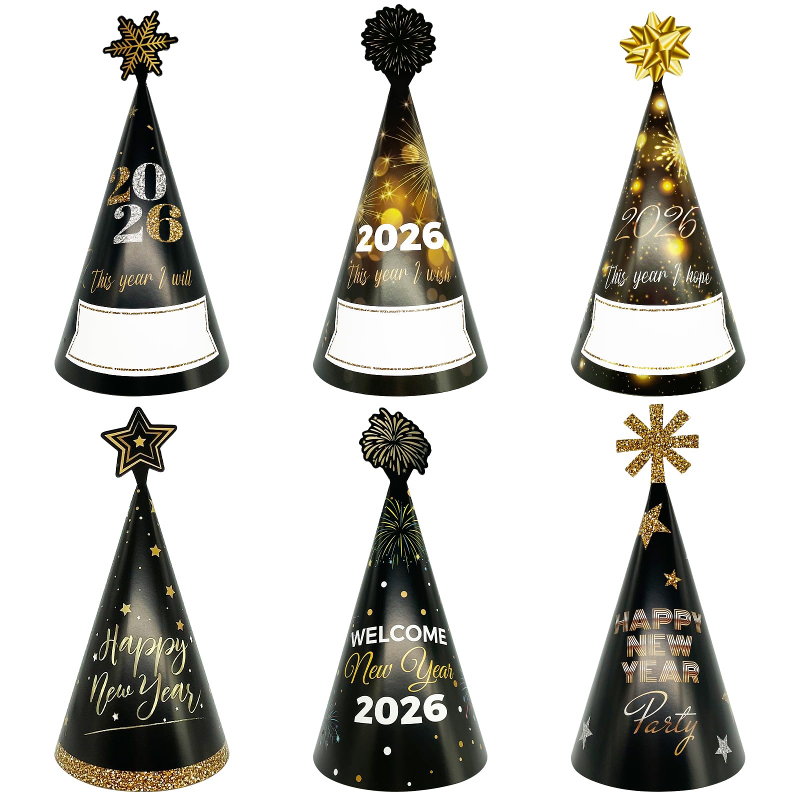 M1NTP1US + 24PCS Happy New Year Party Hats 2026 - New Year’s Eve Cone Hat Party Supplies Decorations