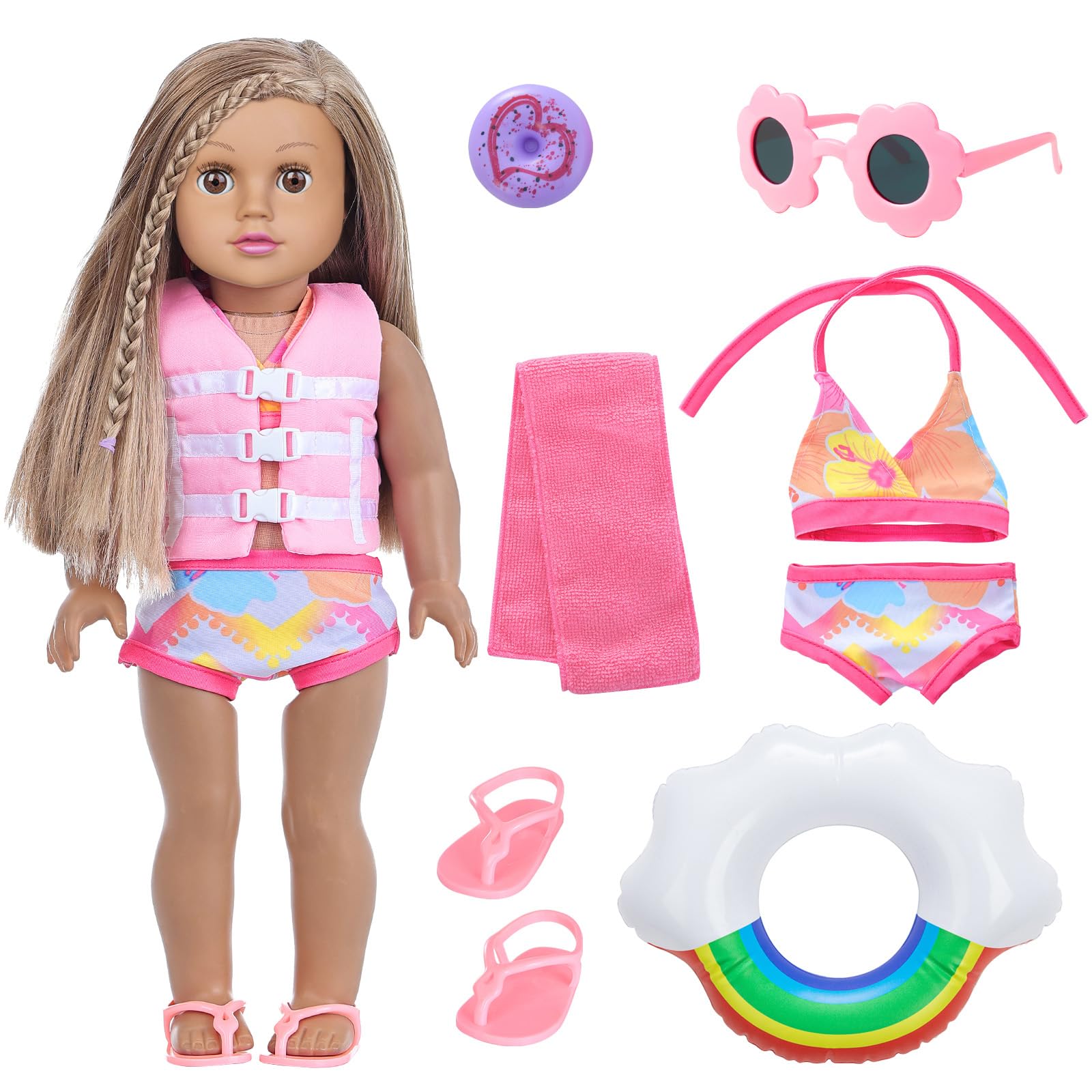 18 Inch Girl Doll Clothes and Accessories Swimming Poor Play Set Fit 18 inch Girl Dolls ,Including Swimwear Shoes Sunglasses Swimming Ring Towel etc.