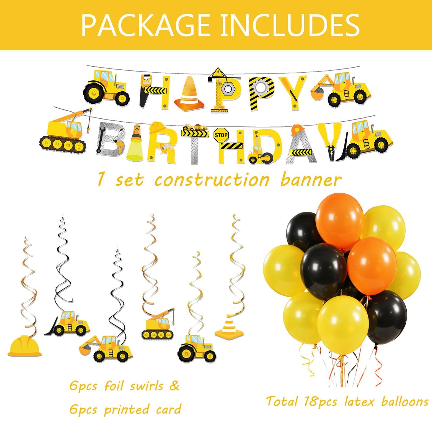 210 Pcs Construction 2nd Birthday Decorations - Includes Plates Napkins Cups Cake Cupcake Toppers Banner Hanging Swirls Tablecloths Balloons