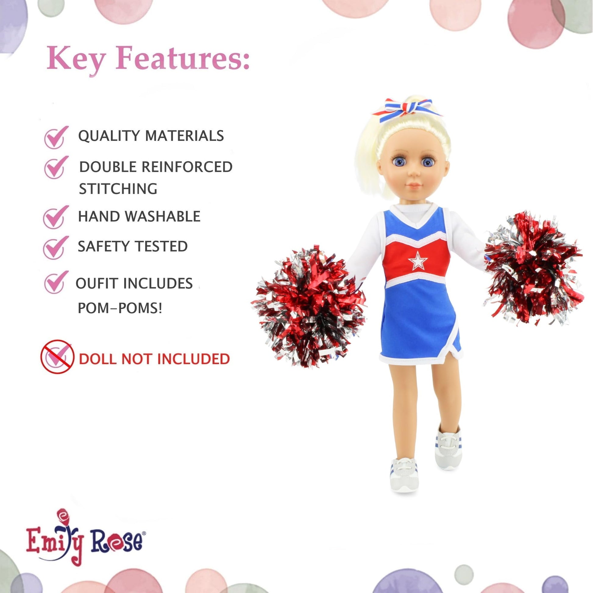 Emily Rose 14" Doll 6-Piece Complete Cheerleader Outfit Set with Pom-Poms & Gym Shoes | Matching Hair Bow & T-Shirt | Fits WellieWishers & Similar
