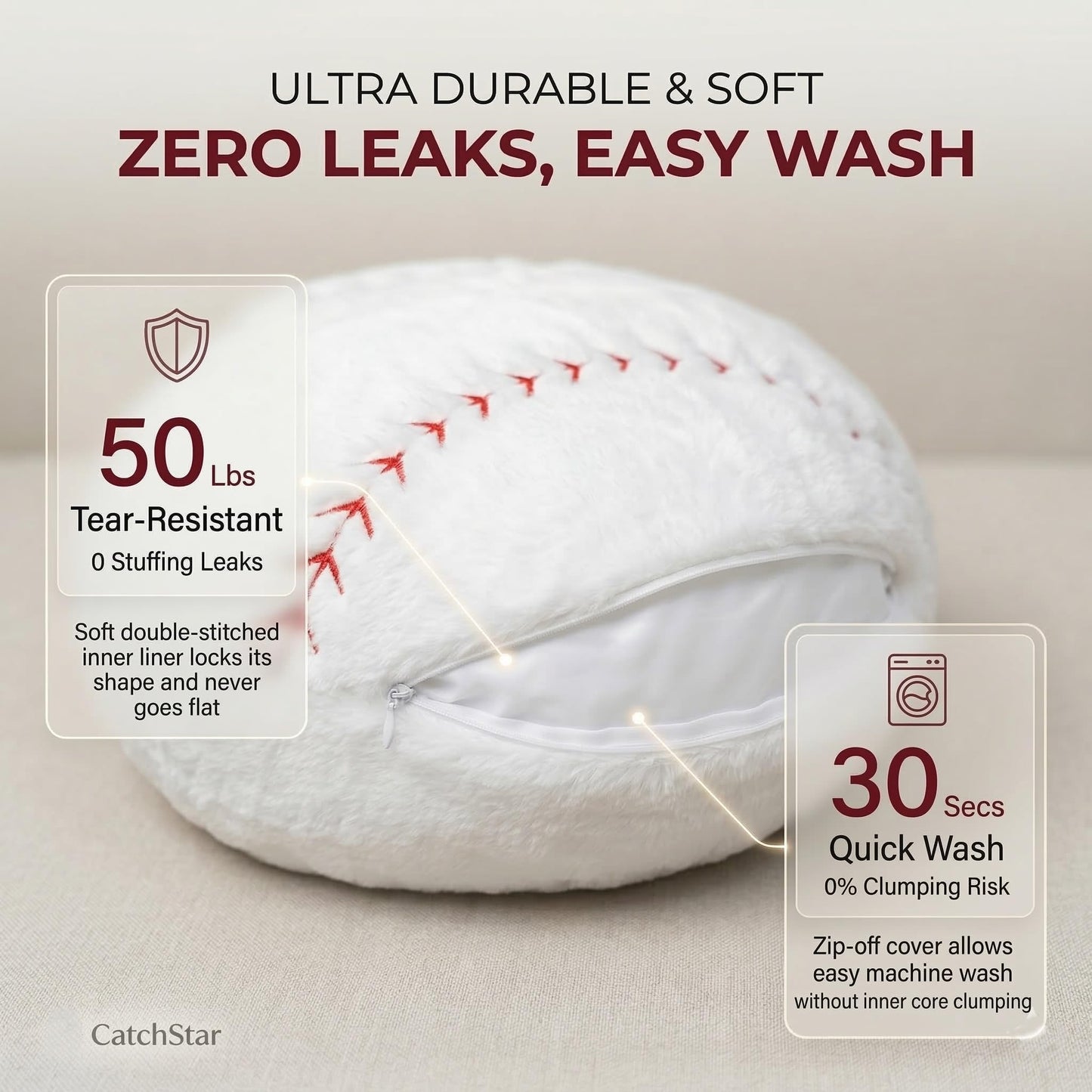 CatchStar Baseball Pillow Plush for Boys: Soft Room Decor Double-Stitched Inner Liner 50lbs Tear-Resistant 0 Leaks - 3D Shape Stuffed Throw Toy Gift