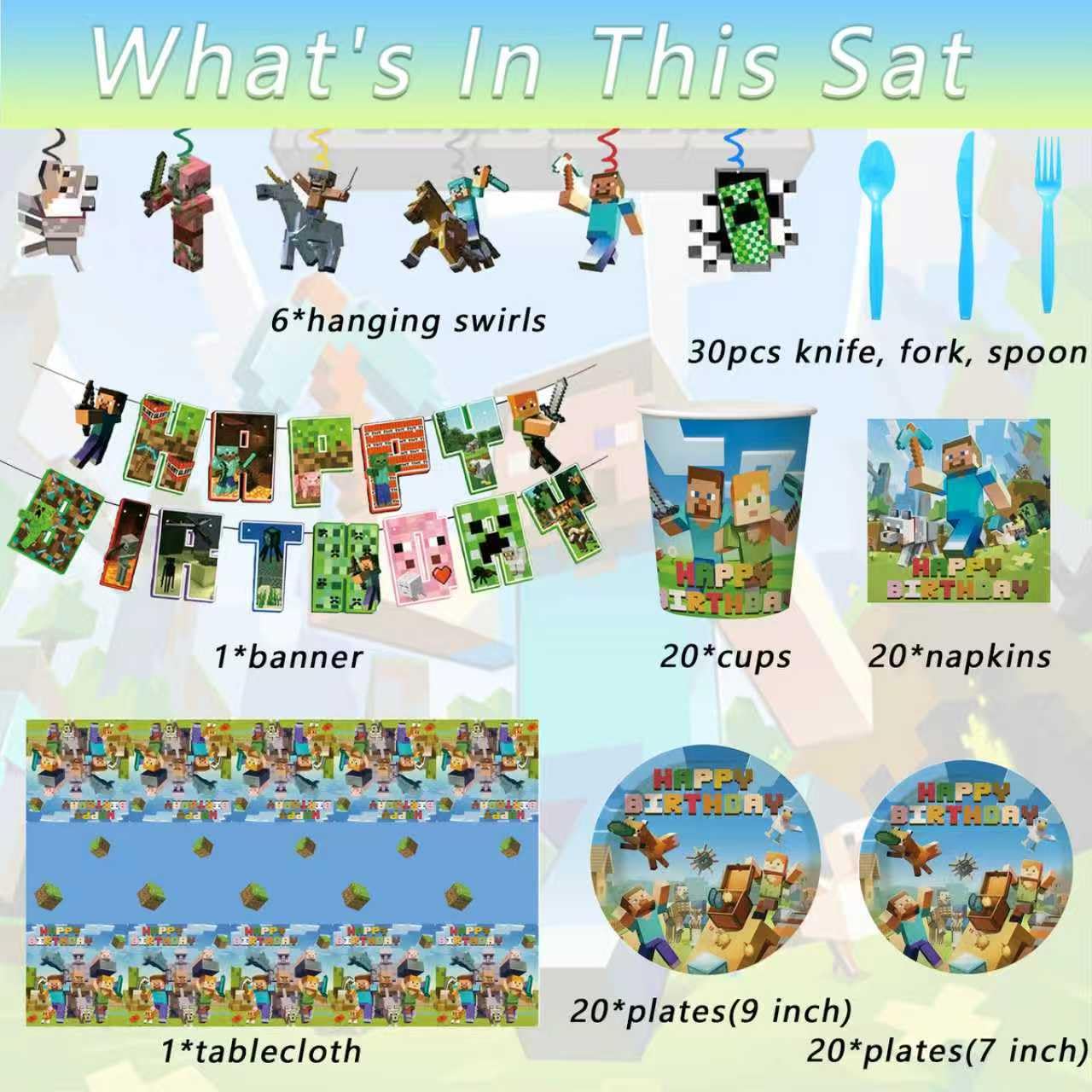 118Pcs Pixel Themed Party Decorations, Birthday Party Supplies Decorations Set-Plates Napkins Tablecloth Banners Fork etc for 20 Guests Kids Birthday
