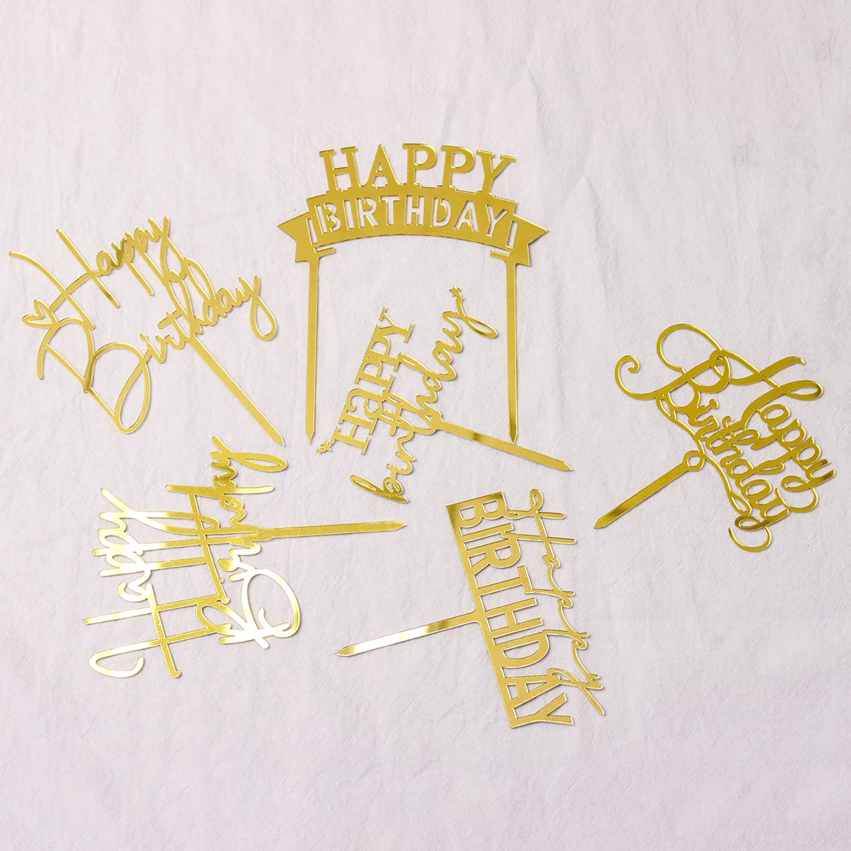 Gold Birthday Cake Topper, 6pcs Acrylic Birthday Cake Toppers Happy Birth Cake Toppers for Decorations Gold Topper for Girls Women's Party Decorations