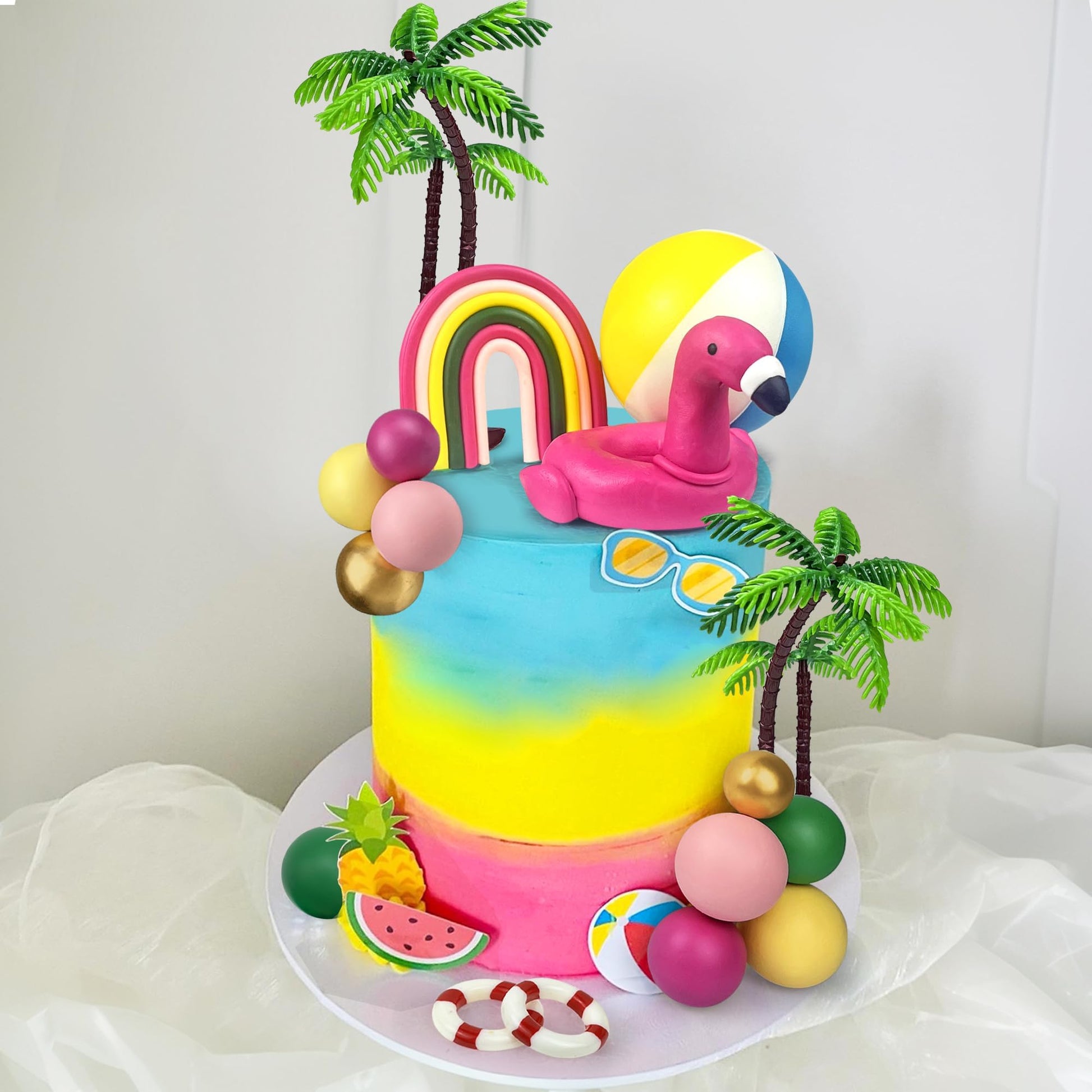 23 PCS Hawaiian Beach Cake Decoration Set Summer Cake Decor with Flamingo Rainbow and Coconut Tree Toppers for Hawaiian Theme Party