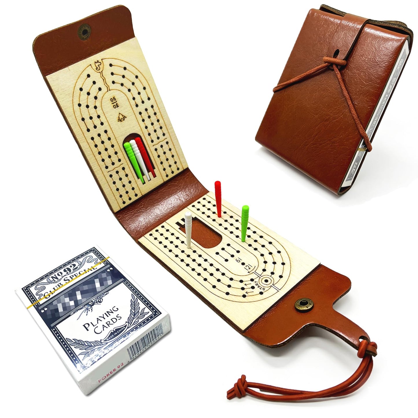 Foldable Travel Cribbage Board Game Set, Portable Leather Cribbage Board with Card & Peg Storage, Includes 6 Pegs & 1 Deck for Adults & Family Game