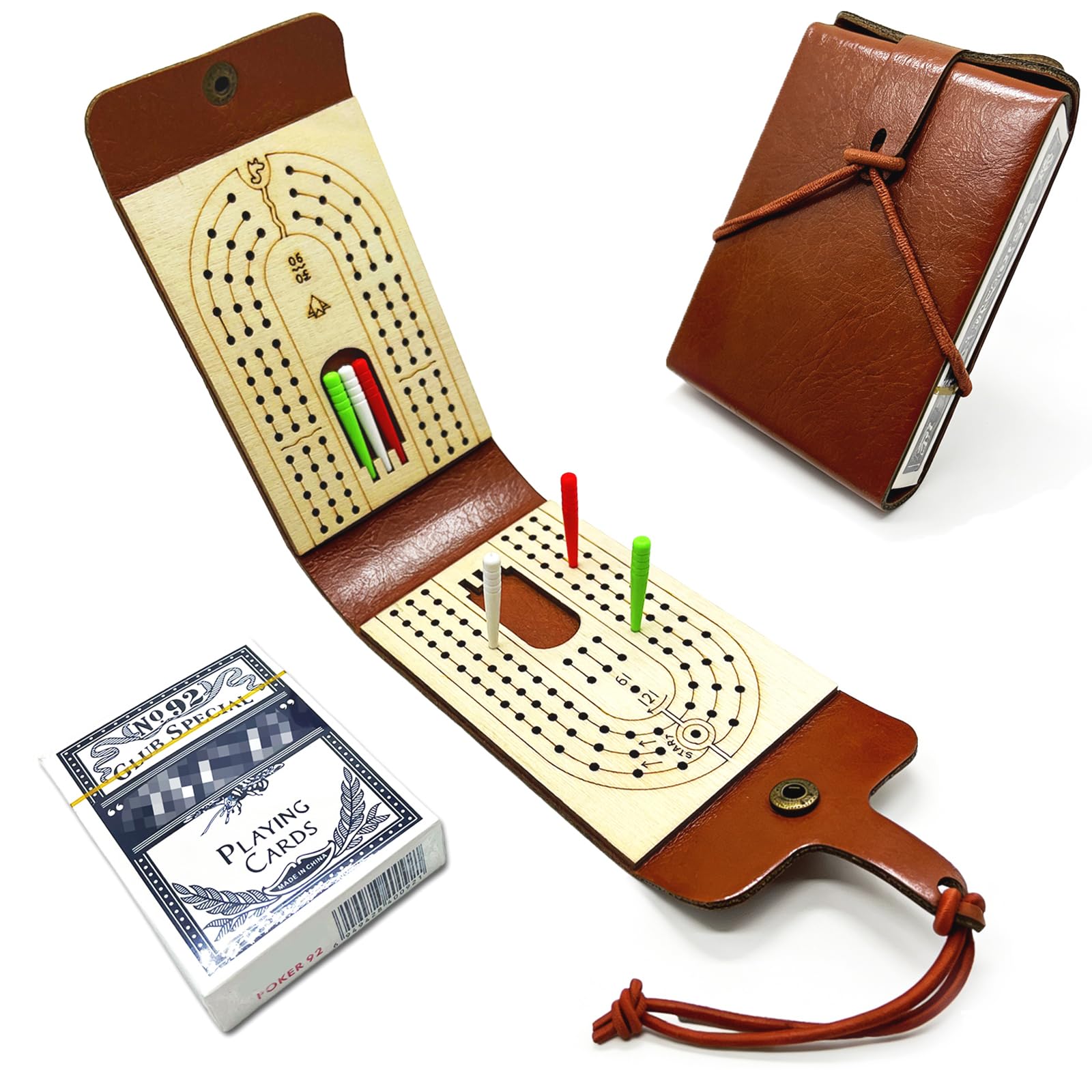 Foldable Travel Cribbage Board Game Set, Portable Leather Cribbage Board with Card & Peg Storage, Includes 6 Pegs & 1 Deck for Adults & Family Game