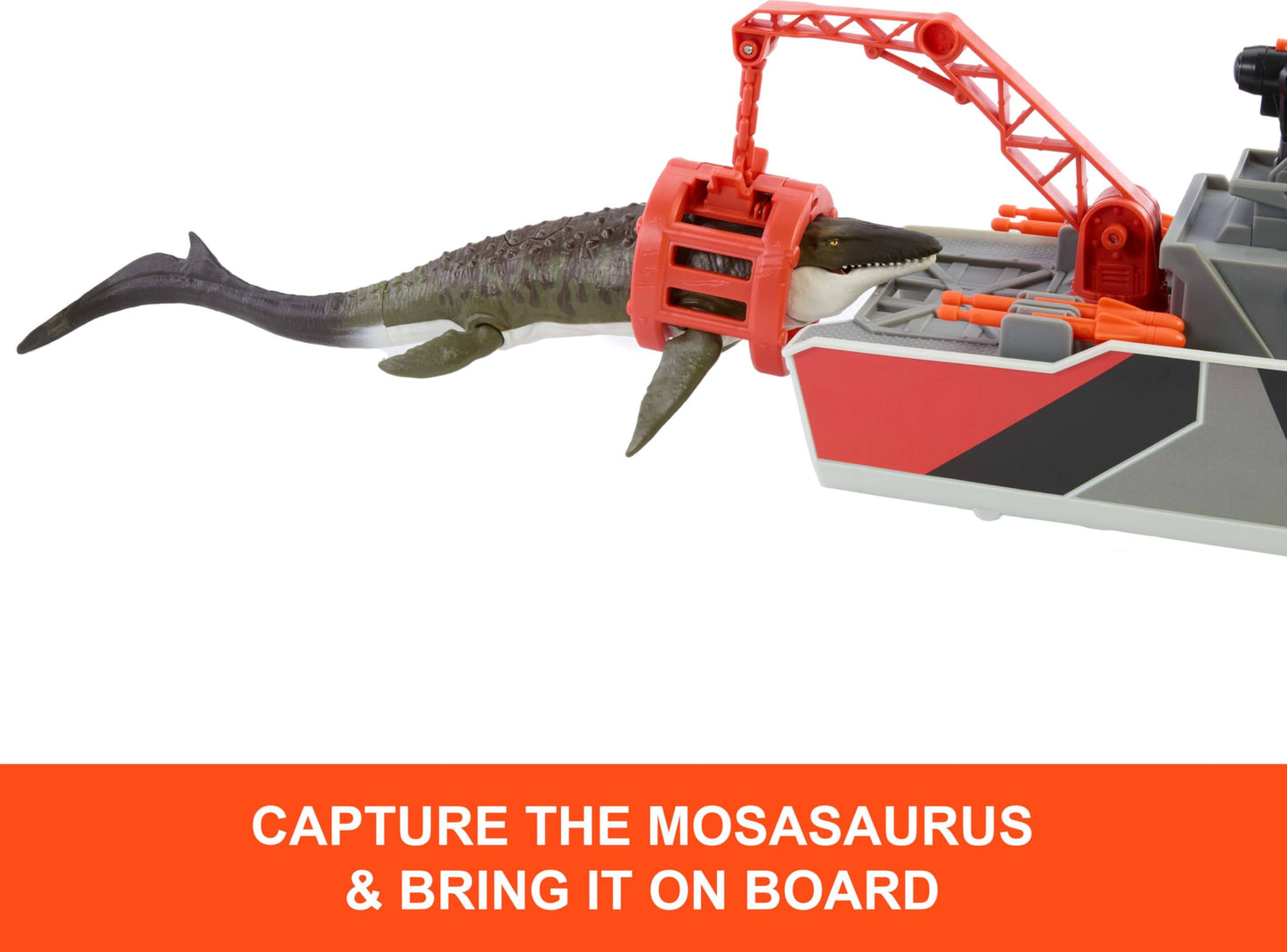 Matchbox Toy Car Playset, Jurassic World 12.5” Dino Boat with 13” Mosasaurus Dinosaur, 1:64 Die-Cast Jeep, Harpoon Missiles & Detachable Rescue Boat