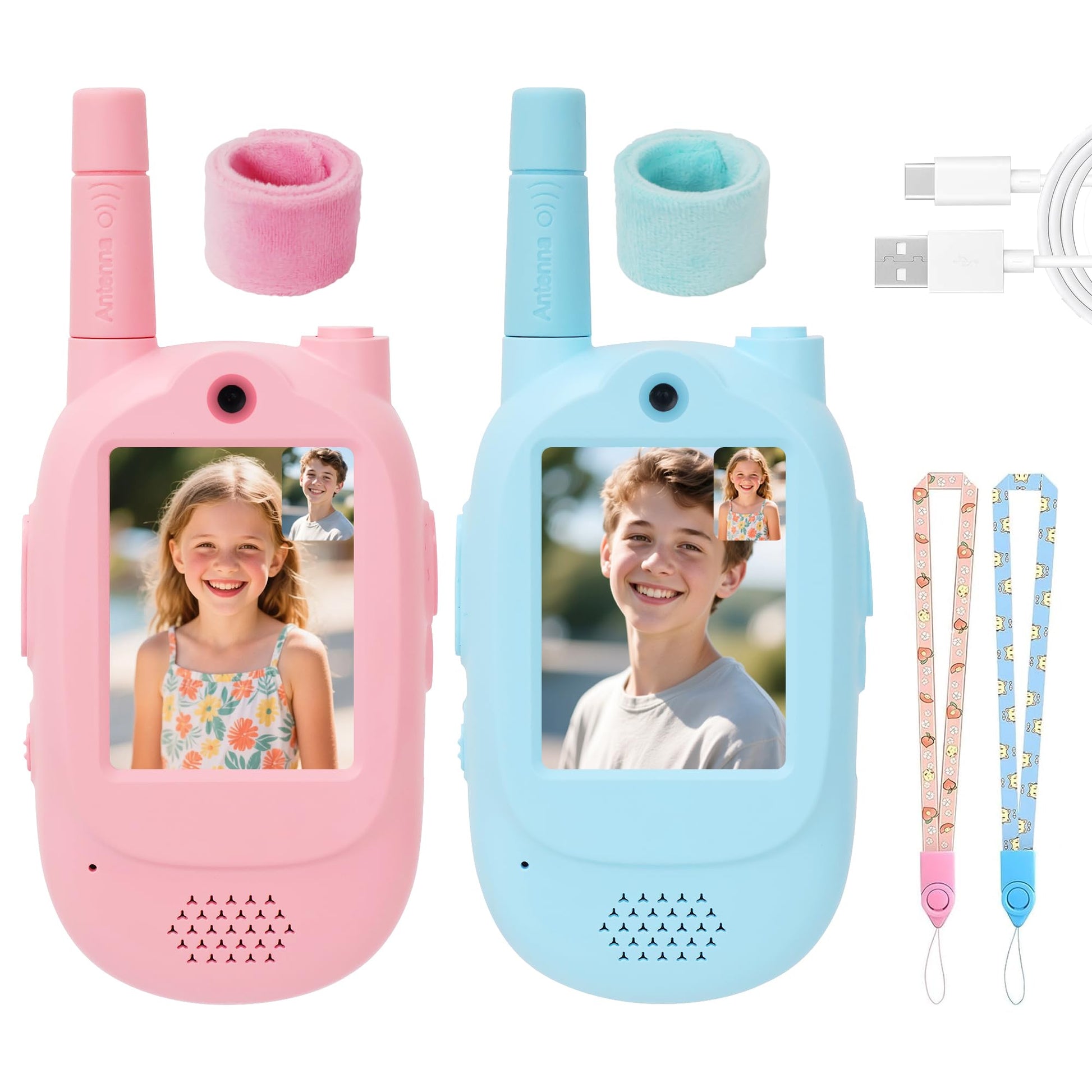 Video Walkie Talkies for Kids, Blue/Pink 2 Pack 1000 mAh Rechargeable Long Range Video walkie talkies, 3 Wearing Options Indoor Outdoor Toys for