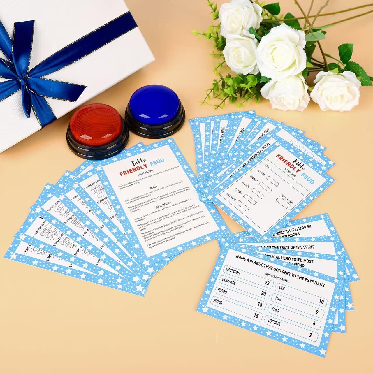 Christian Bible Friendly Feud Game with 2 Answer Buzzers, Family Feud Games Card Game Night Church Group Fun Trivia Quiz for Party Office Class Team