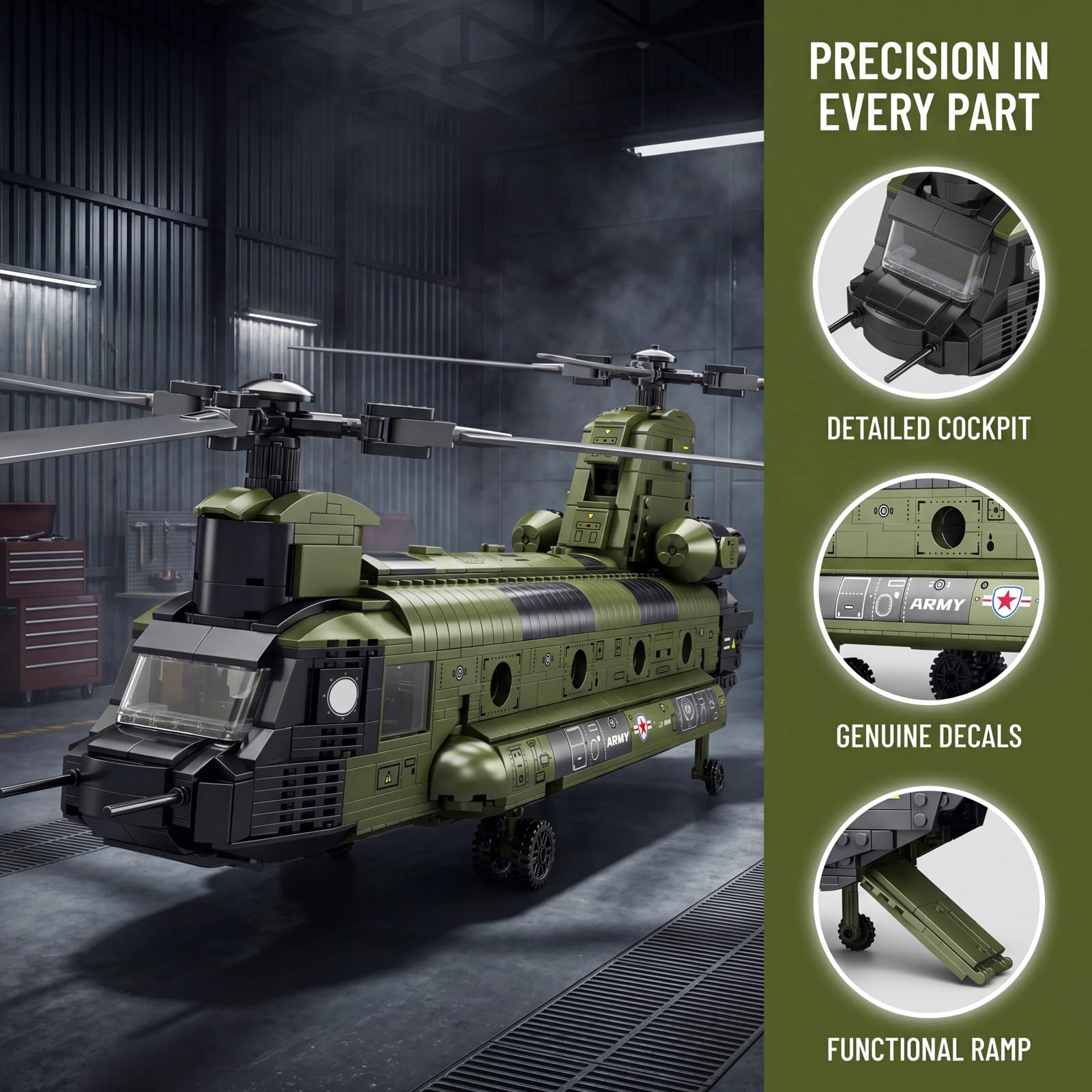 Ruikytech CH-47 Helicopter Model Toy, Building Block Military Transport Airplane Toy Kit for Teenagers and Adults(1451 Pieces)