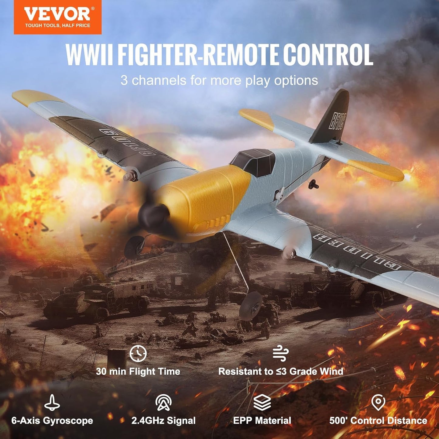 VEVOR RC Plane, 2.4GHZ 3 Channel RC Airplane with 6-Axis Gyro Stabilizer&2 Batteries, Ready to Fly BF-109 Fighter Aircraft Plane Toy for Adults