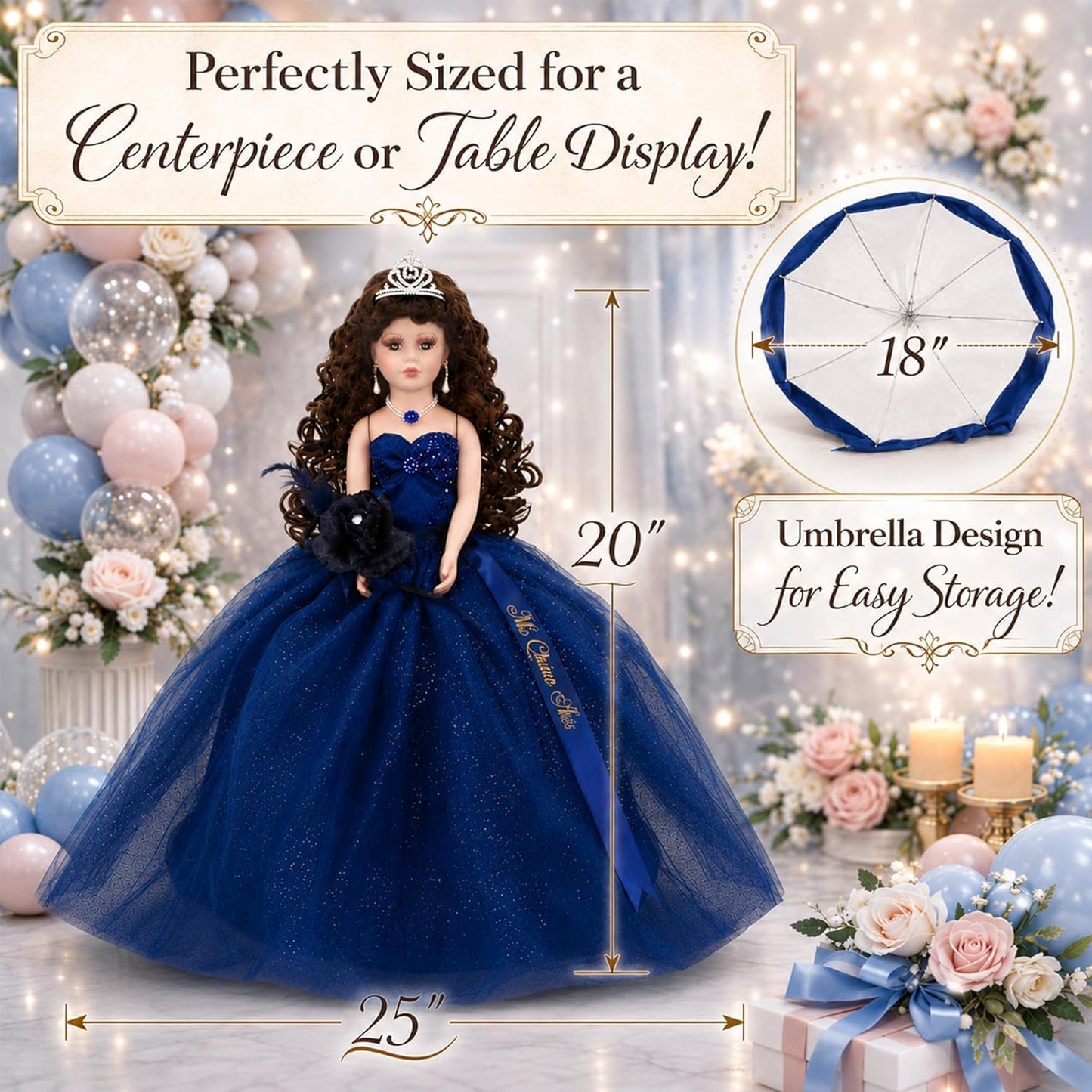 18” Quinceañera Last Doll with Umbrella Dress Stand - Última Muñeca Mis Quince Años Keepsake, Traditional Hispanic Mis 15 Doll, Ceremony & Table