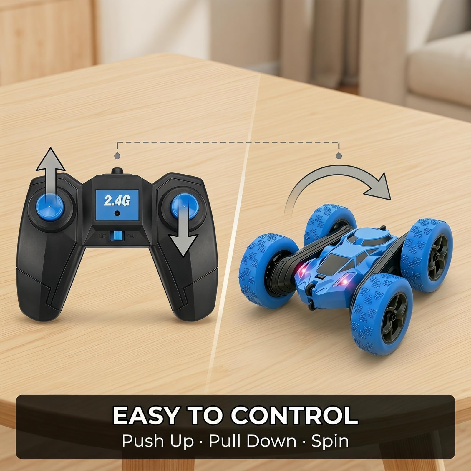 BSHSM RC Car 2.4GHz 360° Spin Off-Road Stunt Vehicle with 2 Rechargeable Batteries + USB Charging Cable, Full Terrain Remote Control Truck for Kids