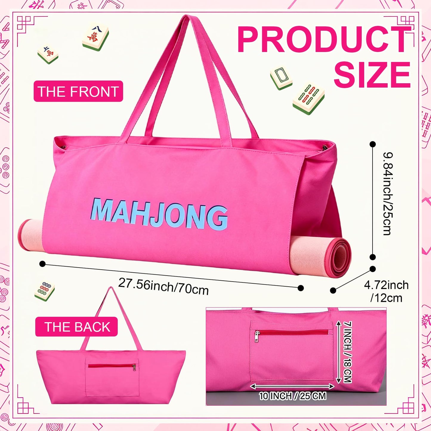 CTHMTMXS Rose Red Mahjong Bags for Tiles and Racks, 28x9 Inch Empty Mahjong Tote Bag with Zipper Closure and Outer Pockets, 16 OZ Canvas Waterproof