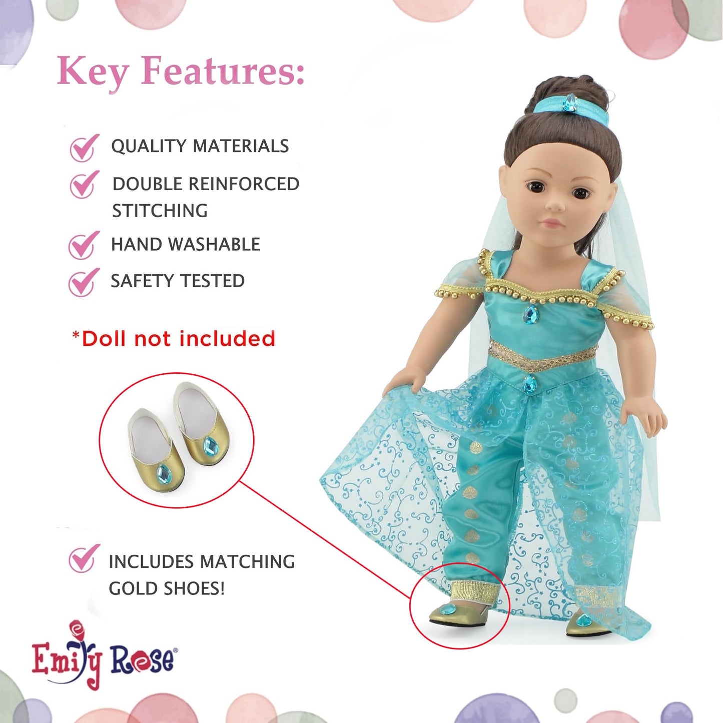 Emily Rose 18 Inch Doll Stunning 4-PC Jeweled Arabian Princess Gift Set for 5+ Girls | Includes 18" Doll Shoes and Hair Accessory! | Halloween Costume