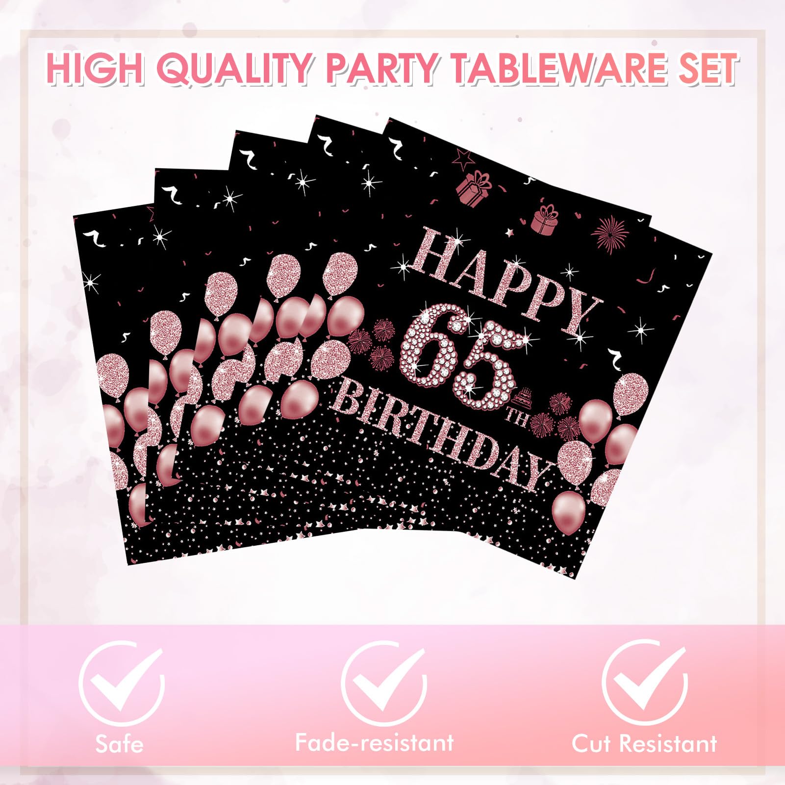 65th Birthday Decorations for Women Men, 40Pcs 65th Birthday Party Paper Plates and Napkins Black Rose Gold Happy Sixty-Five Years Old Birthday Party